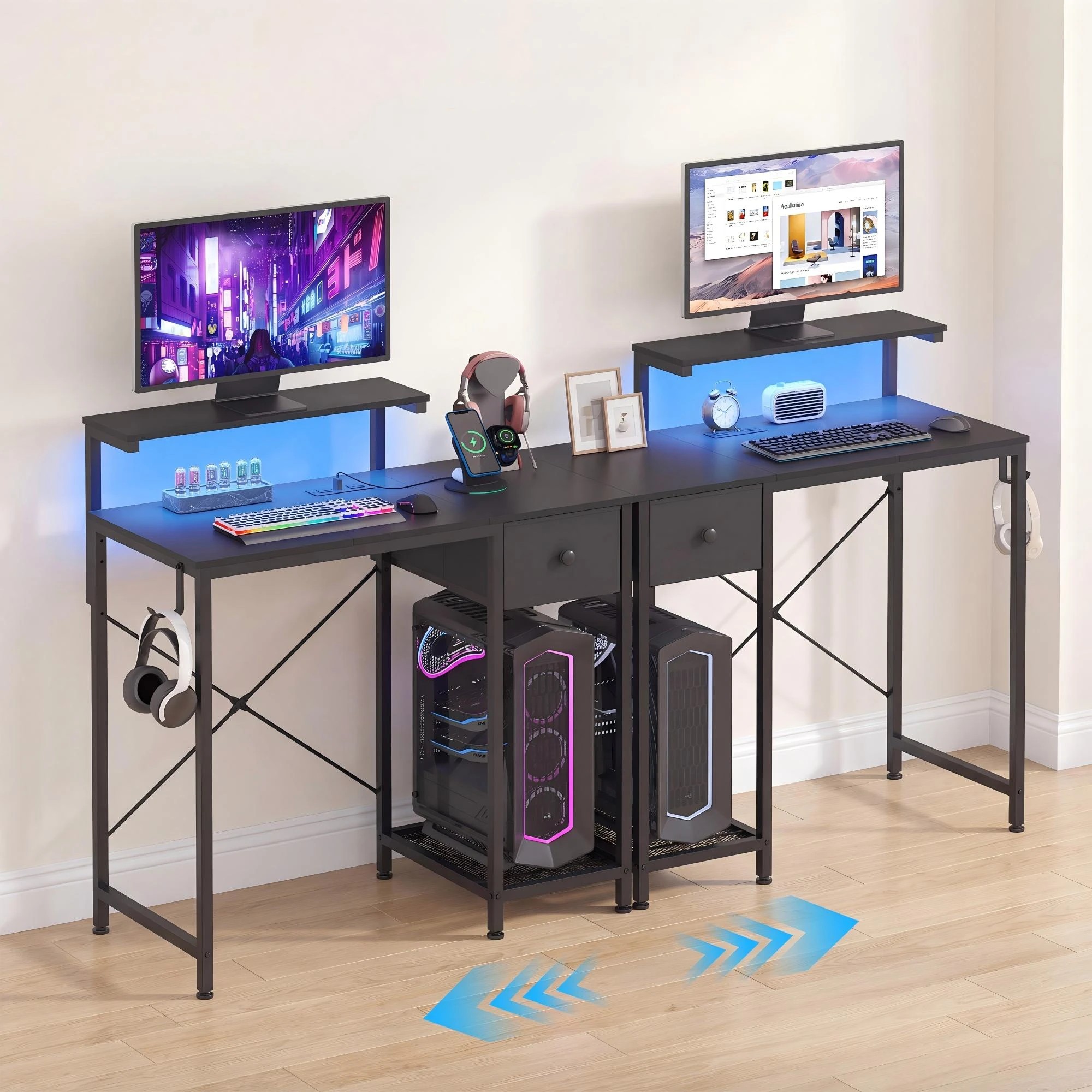 4 Advwin LED Gaming Desk with Adjustable Monitor Stand and Power Outlets Computer Desk with Reversible Shelf - Black, 4 of 9