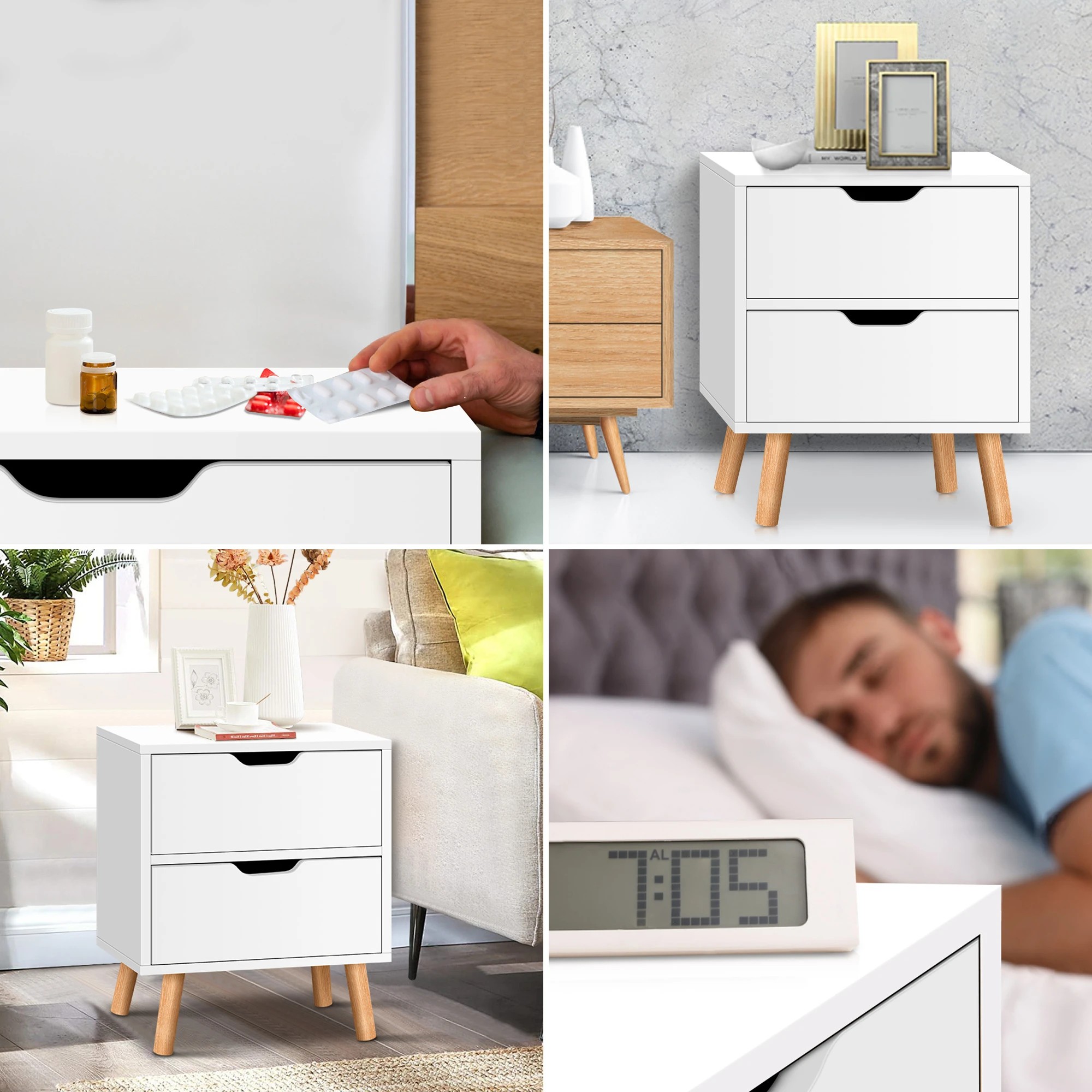 4 Alfordson Bedside Table Nightstand Side End Table 2 Storage Drawers - White, 4 of 10