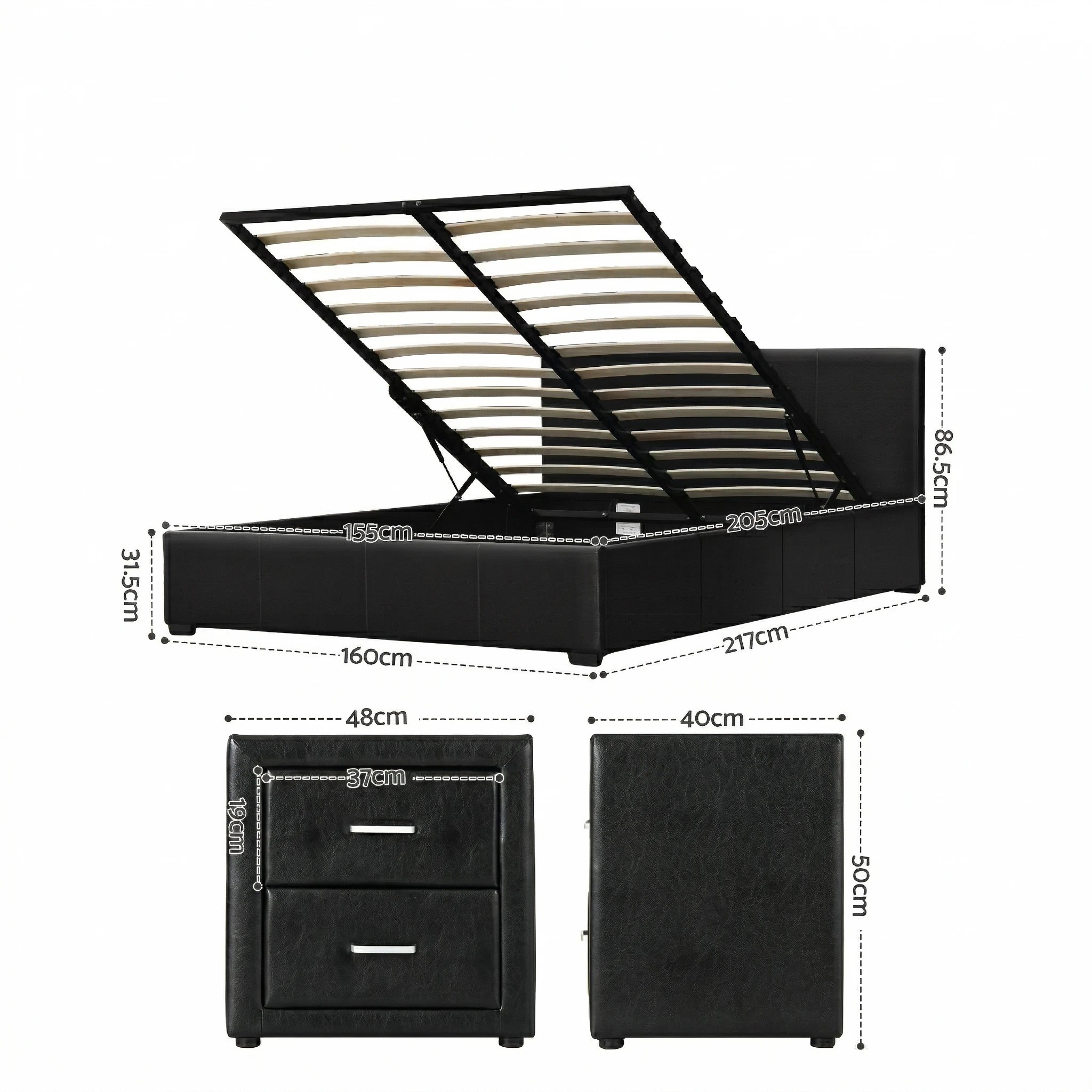 2 Artiss Gas Lift Queen Bed Frame and 2 Bedside Table Set Leather - Black, 2 of 9