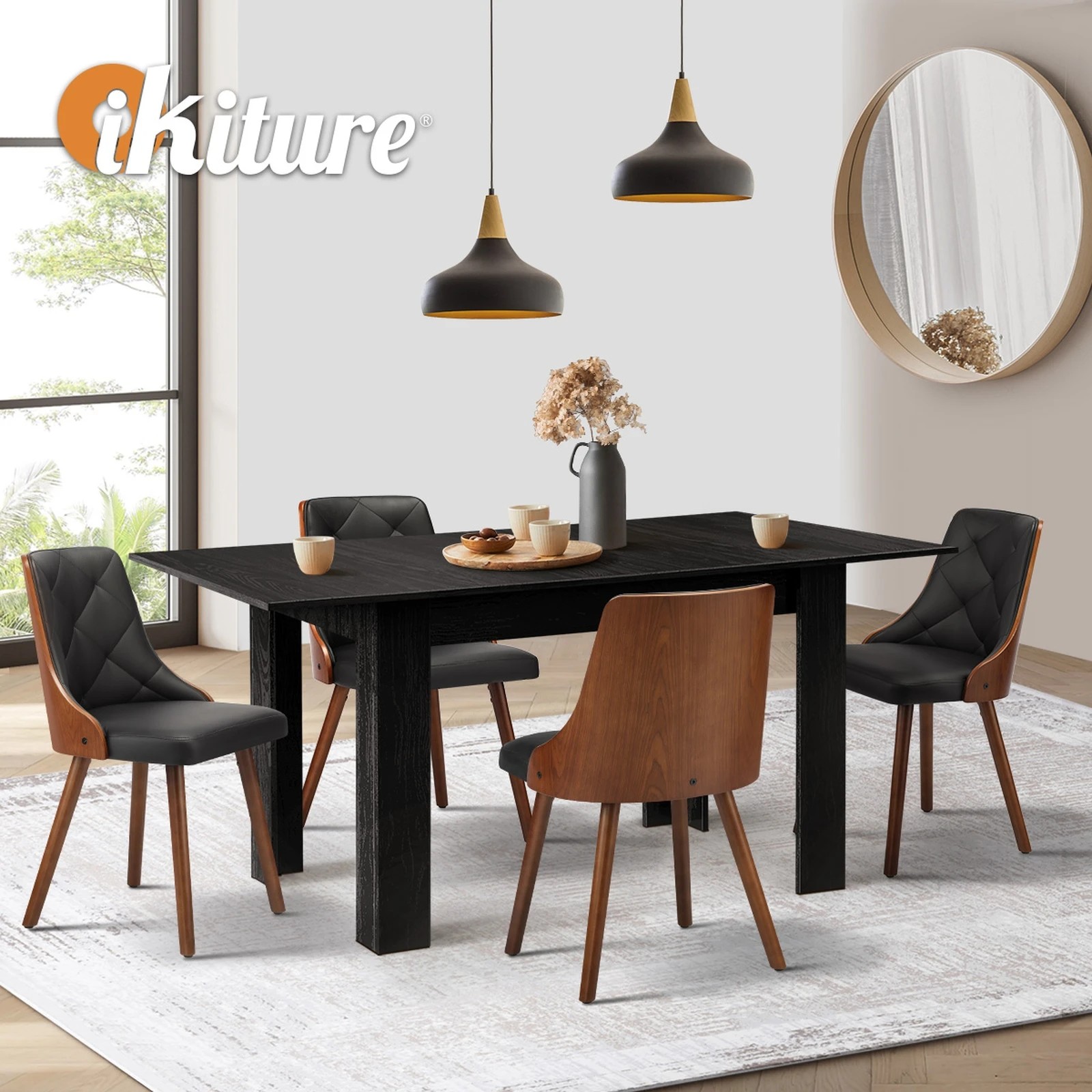 6 Oikiture 160cm Extendable Dining Table With 4pcs Dining Chairs Pu Leather
 - Black, 6 of 10