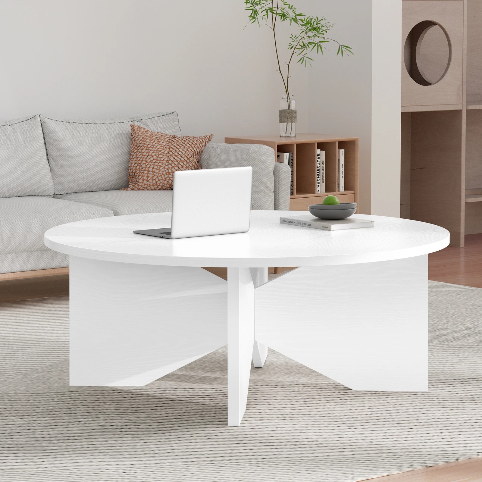 10 Alfordson Coffee Table Modern Round Table X-shape Wooden Legs Living Room - Oak, 10 of 10