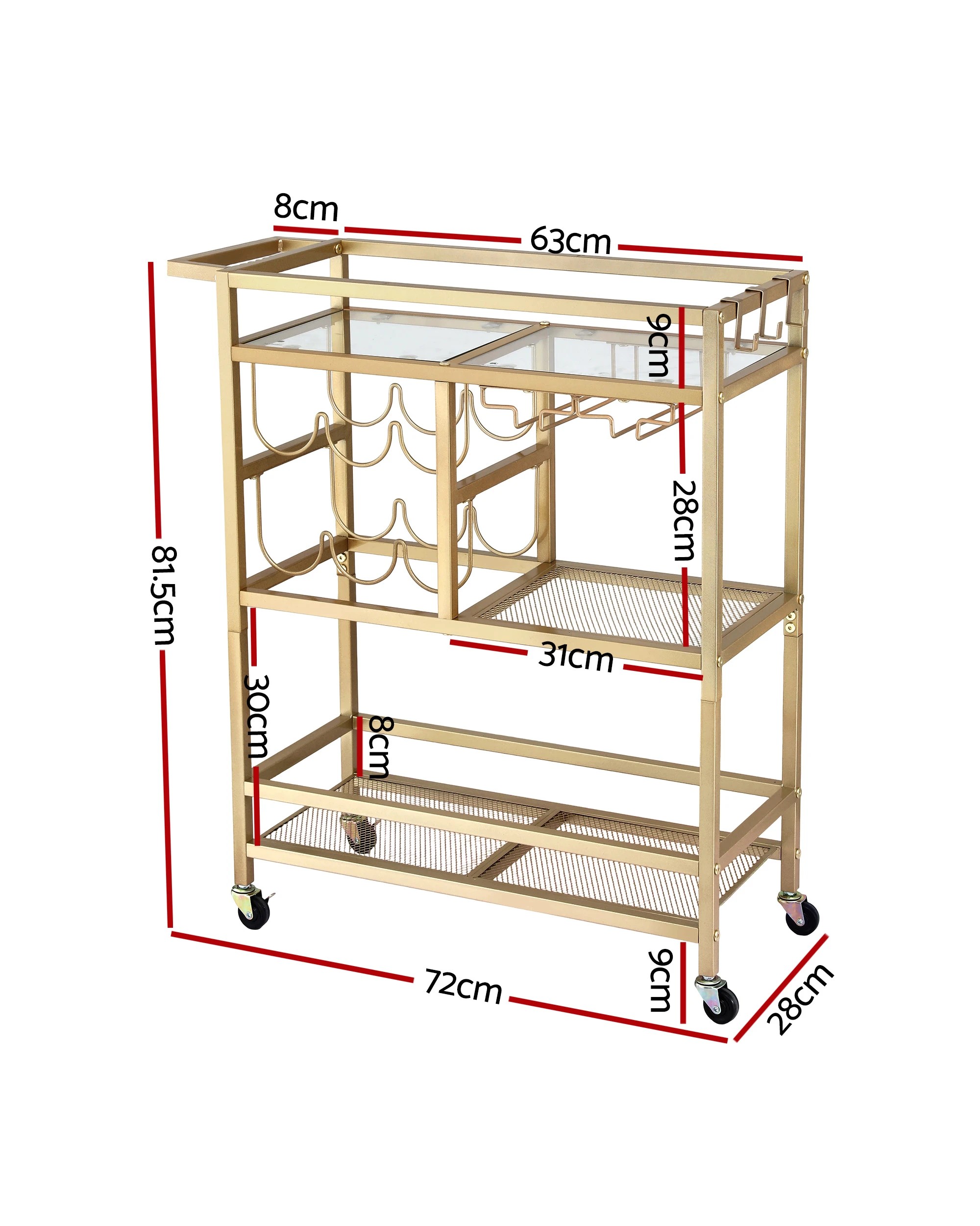 3 Artiss Bar Cart Drinks Trolley Serving Wine Rack Glass Holder 3 Hooks 72cm - Gold, 3 of 7