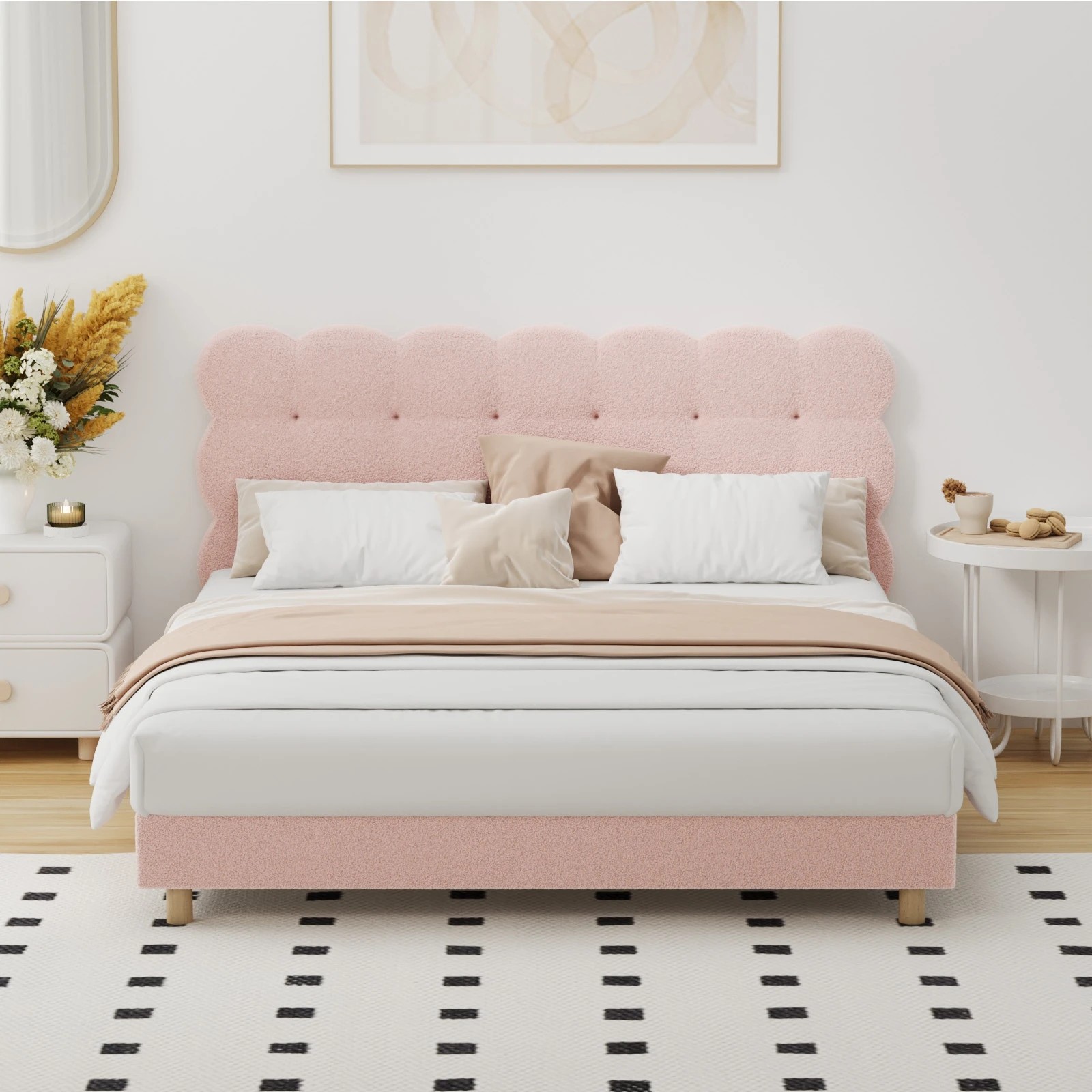 3 Oikiture Queen Bed Tufted Bedhead Boucle Bed Frame
 - Pink, 3 of 10