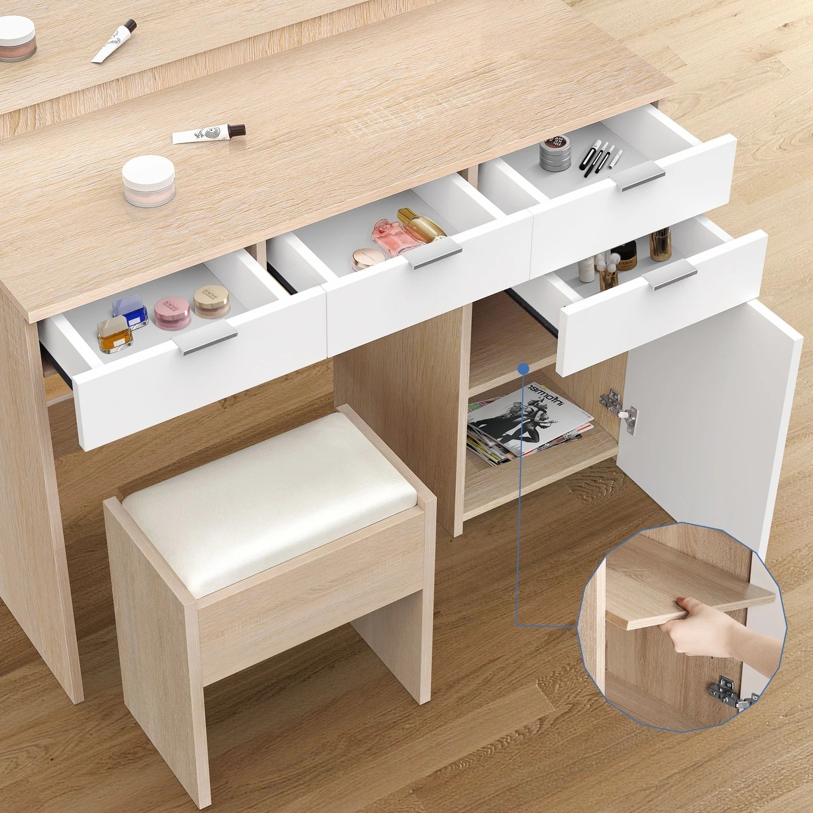 3 Alfordson Dressing Table Stool Set Makeup Mirror Desk 12 LED Bulbs - Oak, 3 of 10