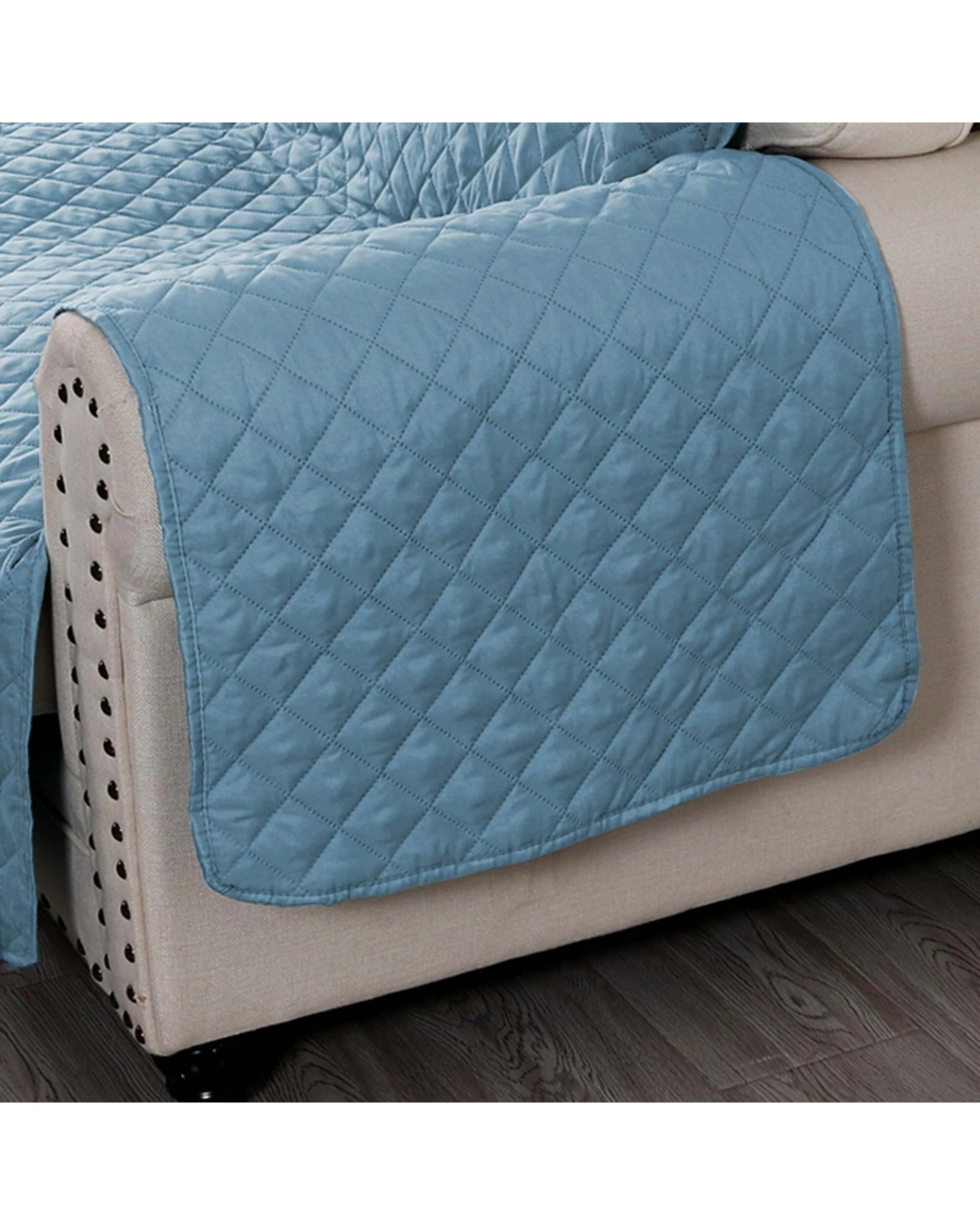 2 Smarcute 2 Seater and 1 Chaise Lounge L-shaped Reversible Slipcover - Blue, 2 of 5