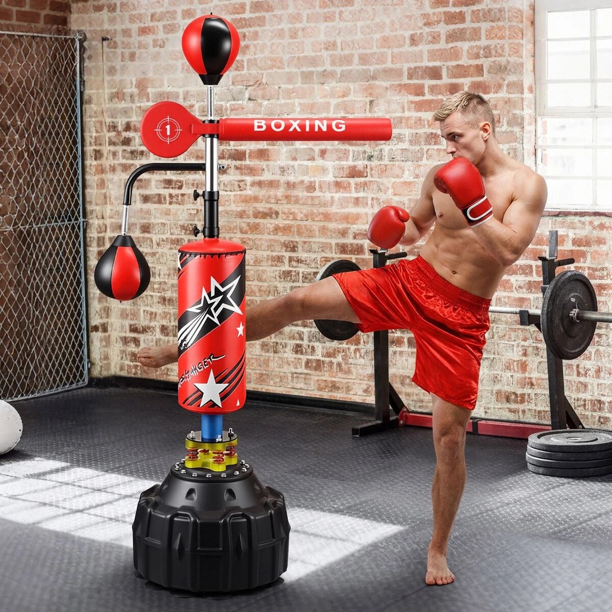 3 AUSWAY 4in1 Boxing Station Freestanding Bag Punching Gloves Reflex, 3 of 7