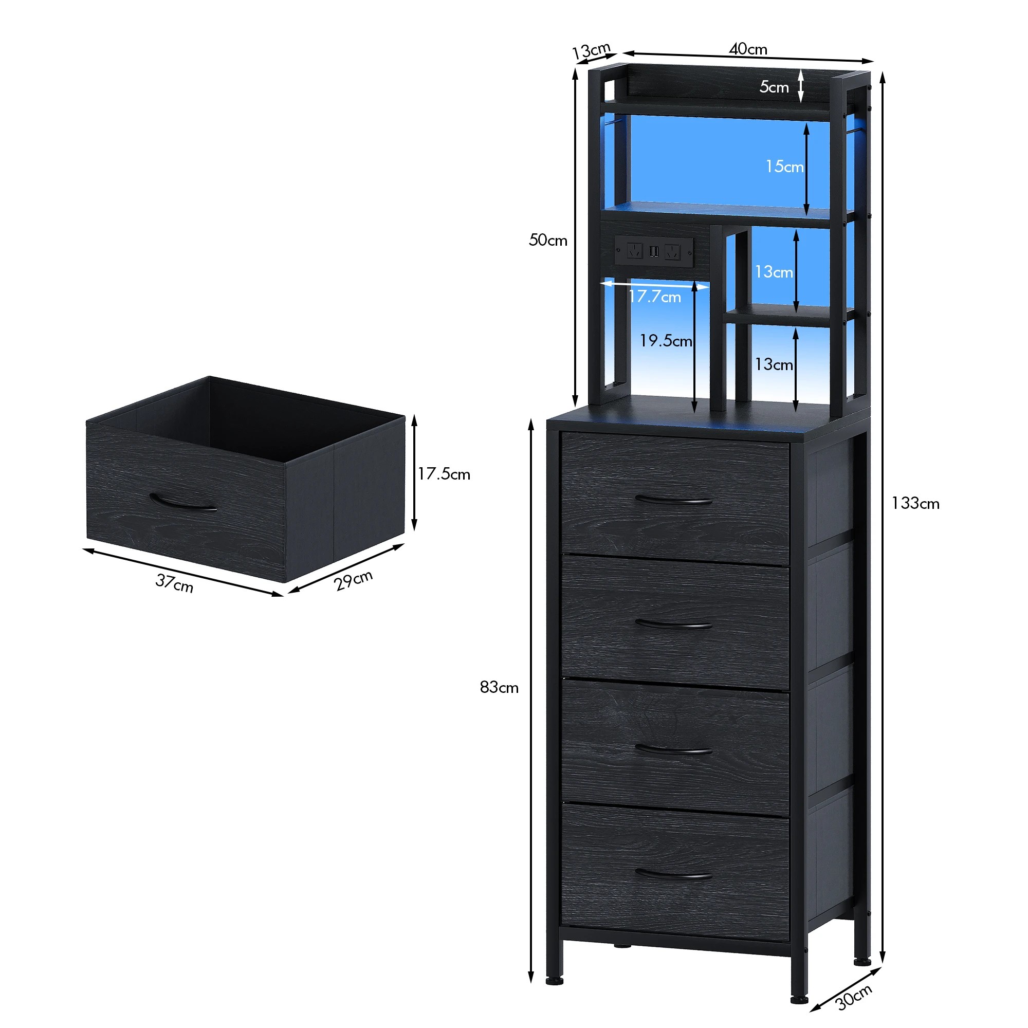 3 Advwin Set of 2 LED Tall Bedside Table with Charging Station 4 Drawers Open Shelves - Black, 3 of 7
