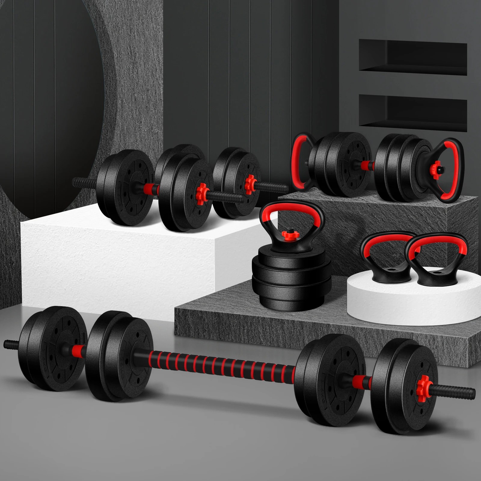 2 Black Lord Dumbbell Set 7in1 Adjustable Barbell Kettlebell Home Gym Fitness 20kg, 2 of 9