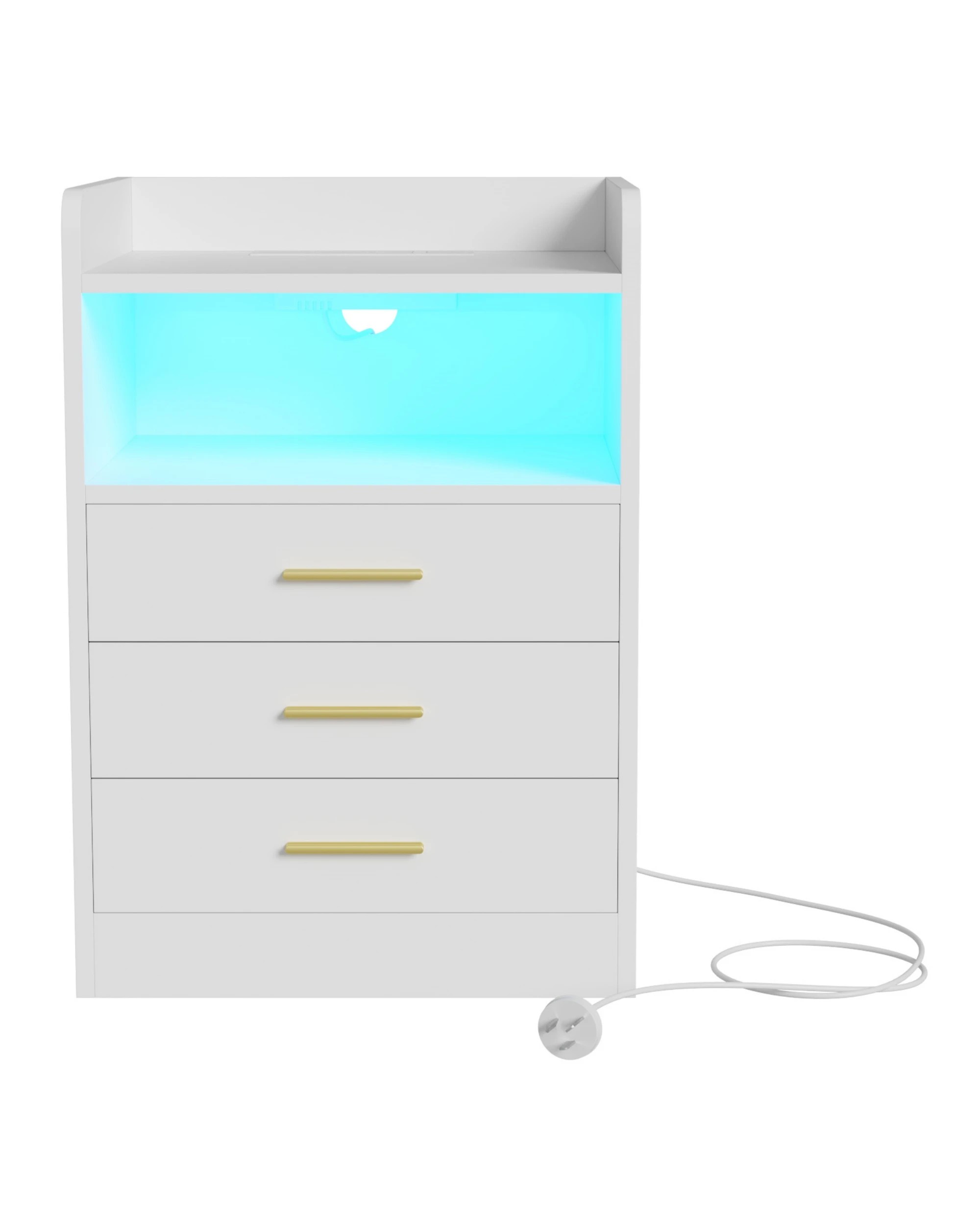 1 Advwin RGB LED Bedside Table with Charging Station 3 Drawers - White, 1 of 9