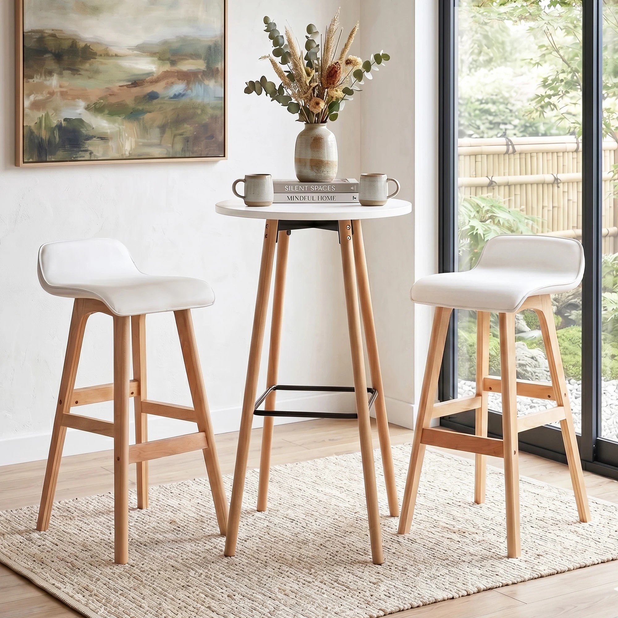 9 Artiss 3 Pcs Bar Table and Stools Set with Cushioned Stools Round Wooden Pub Dining Table - White, 9 of 9