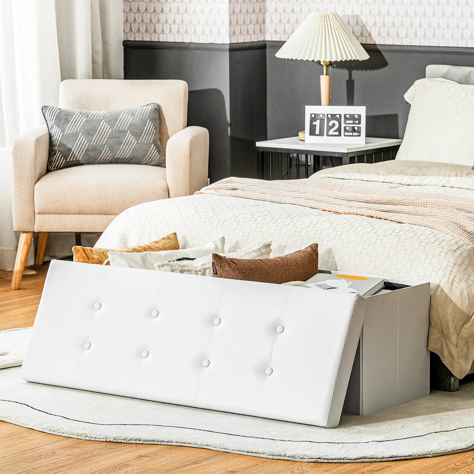 3 Costway Folding Storage Ottoman Shoe Bench Padded Stool Seat - White, 3 of 3