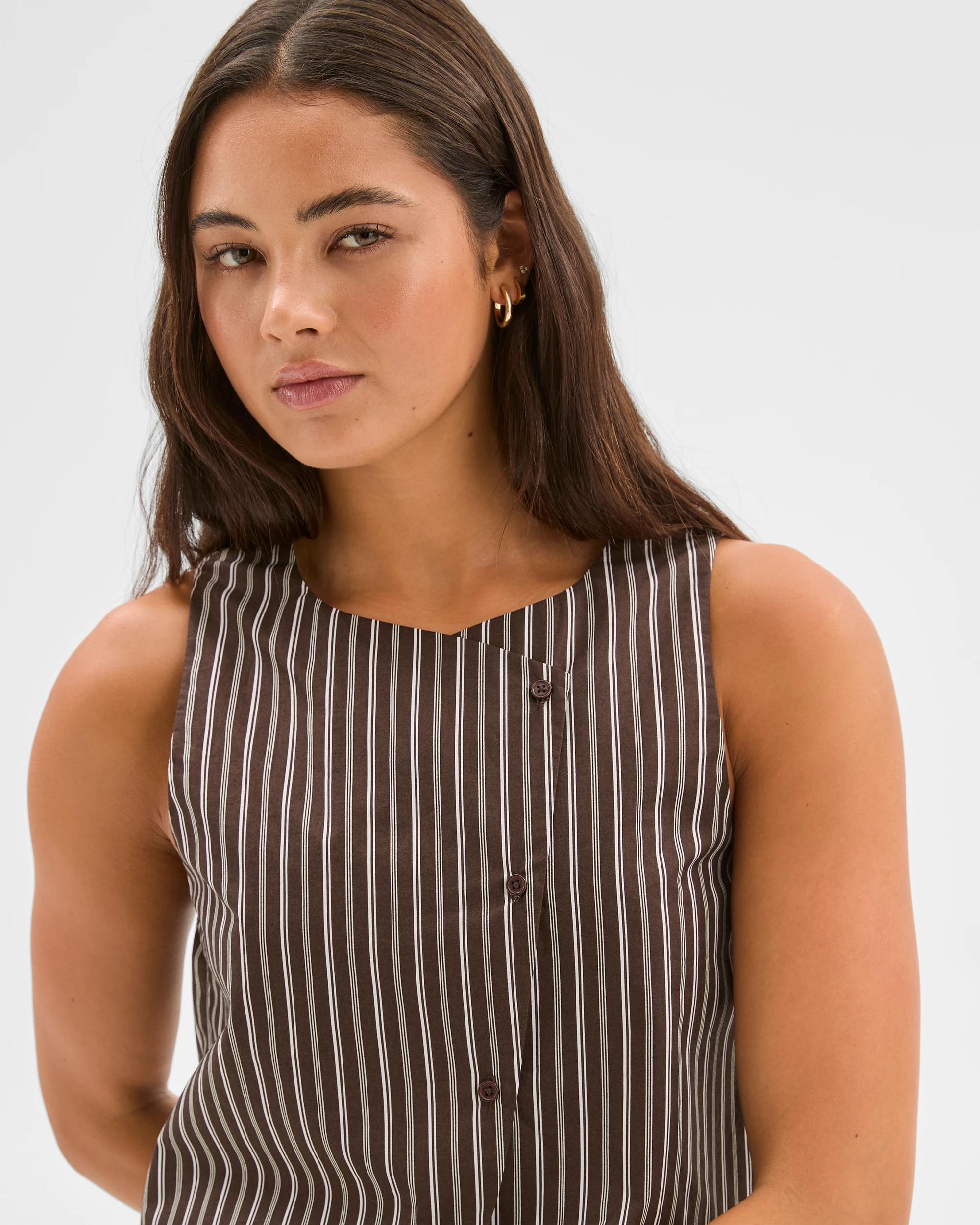 4 Australian Cotton Asymmetrical Vest - Lily Loves BROWN/CREAM STRIPE, 4 of 5