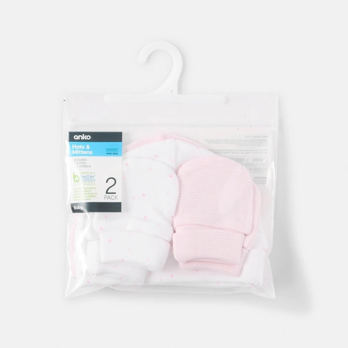 8 2 Pack Newborn Hat and Mittens Set PINK STRIPE AND SPOT, 8 of 8