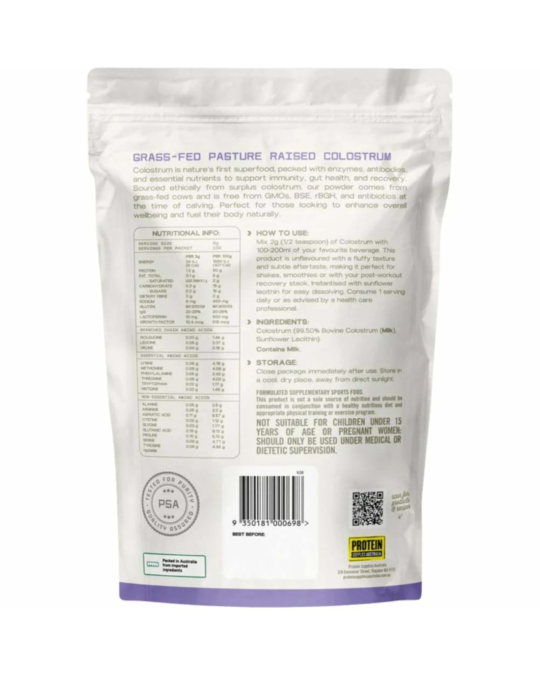 Protein Supplies Australia Colostrum Grass Fed Unflavoured 200g - Kmart