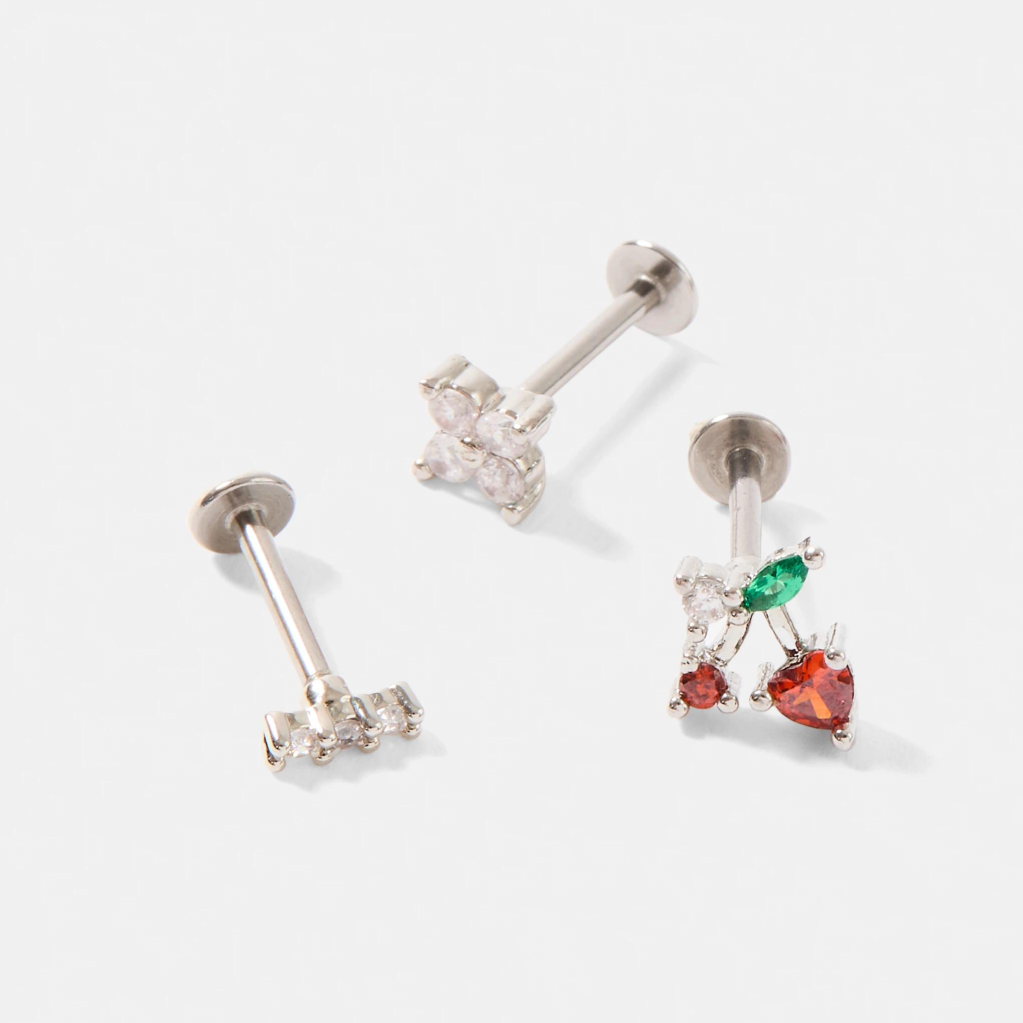 2 3 Pack Cubic Zirconia Cherry Ear Piercing Studs - Silver Tone GOLD, 2 of 4