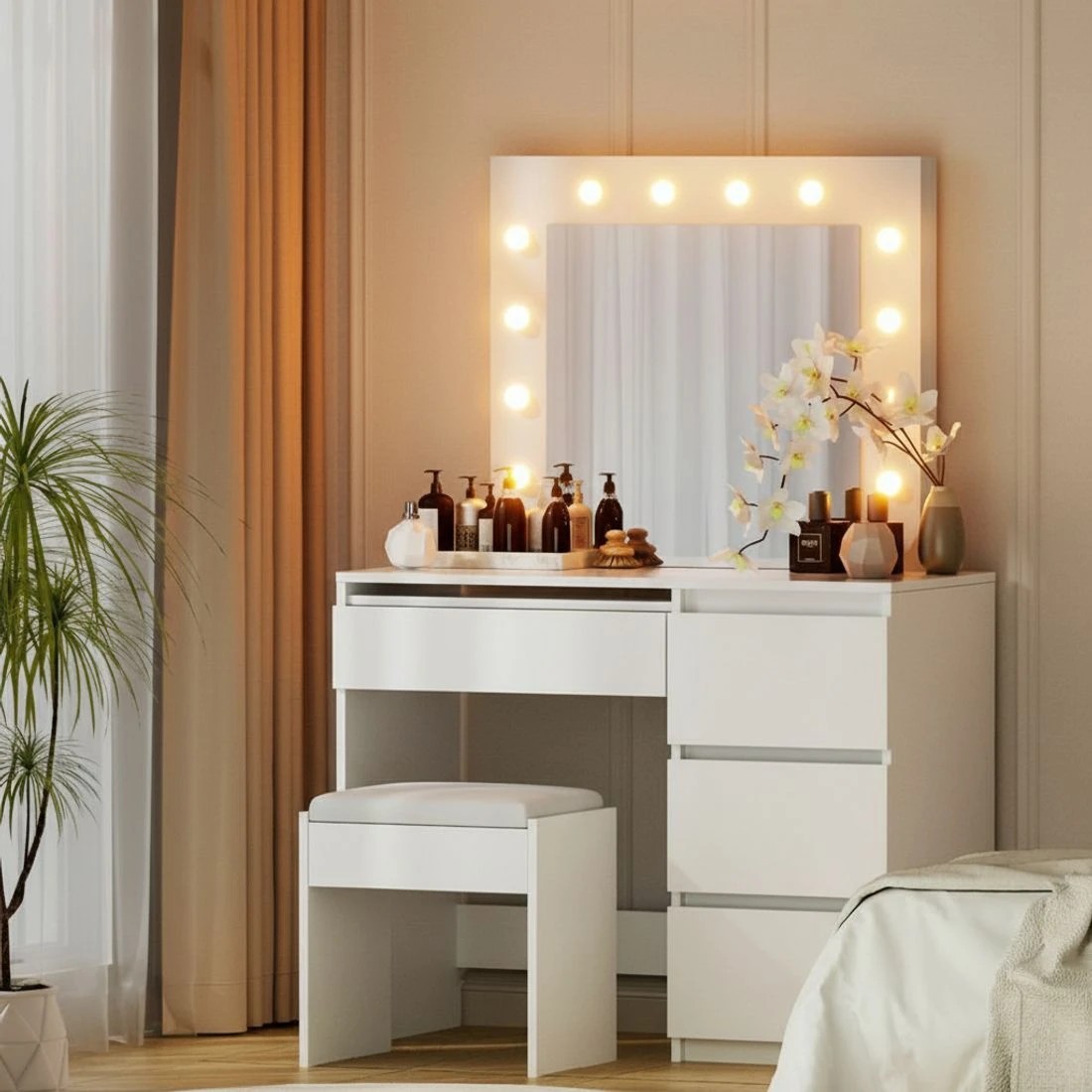 1 Artiss Dressing Table With Mirror Set Stool 12 Led Bulbs Vanity Mirror Stool Set Makeup Storage Easy Assembly - White, 1 of 8