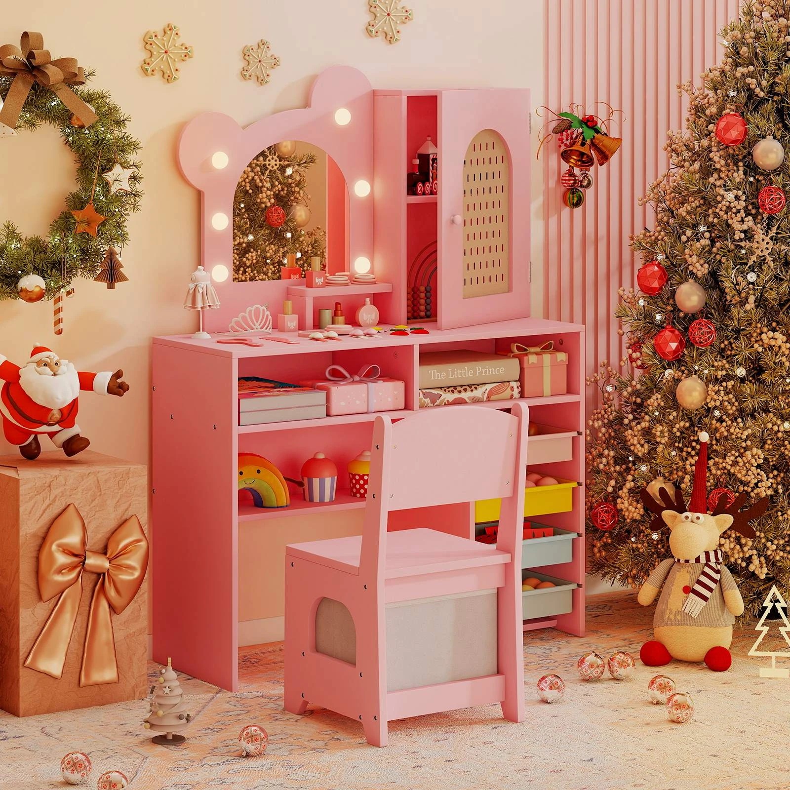 2 Costway Vanity Desk Set Dressing Table & Chair w/Lighted Mirror - Pink, 2 of 2