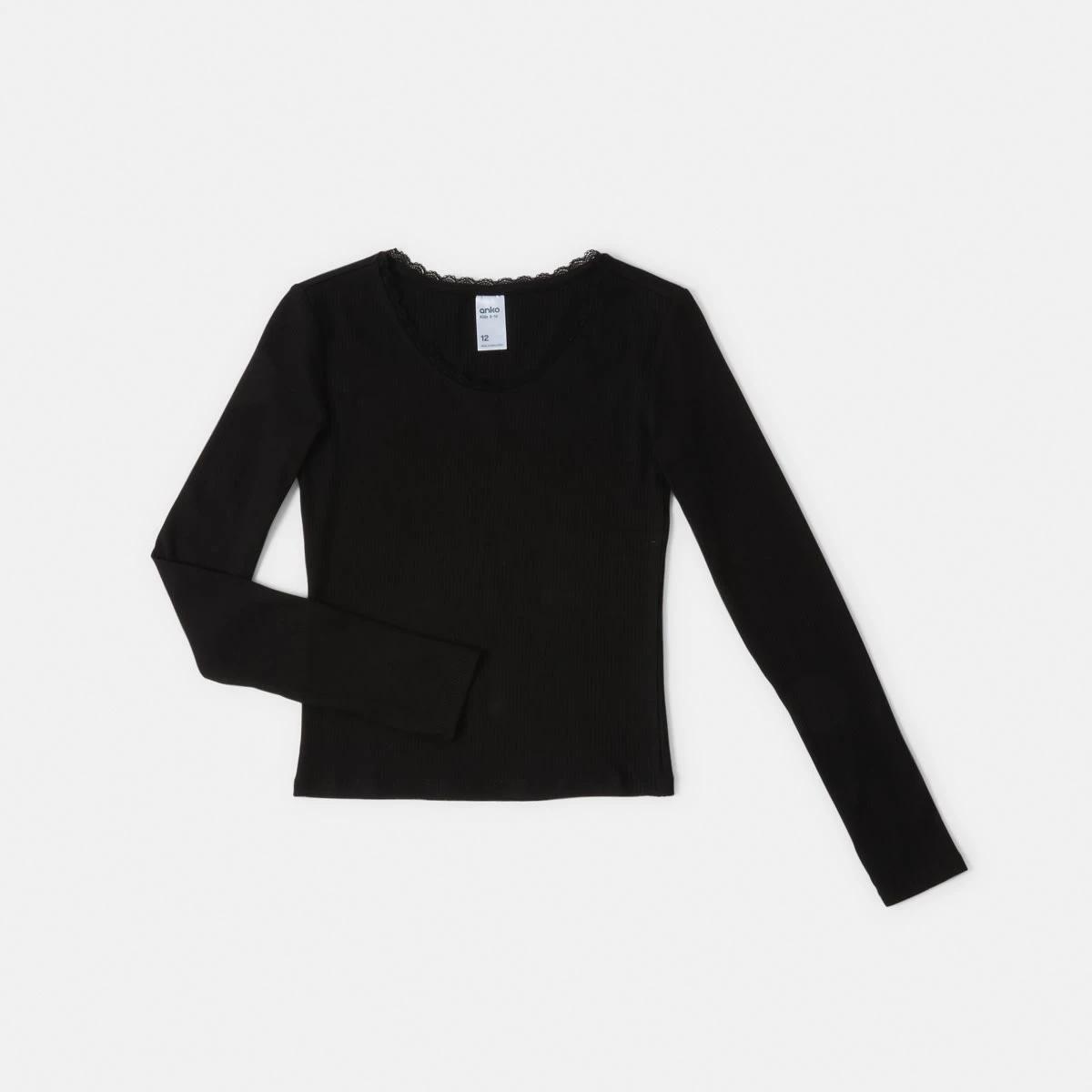 7 Long Sleeve Rib Top with Lace Black, 7 of 8