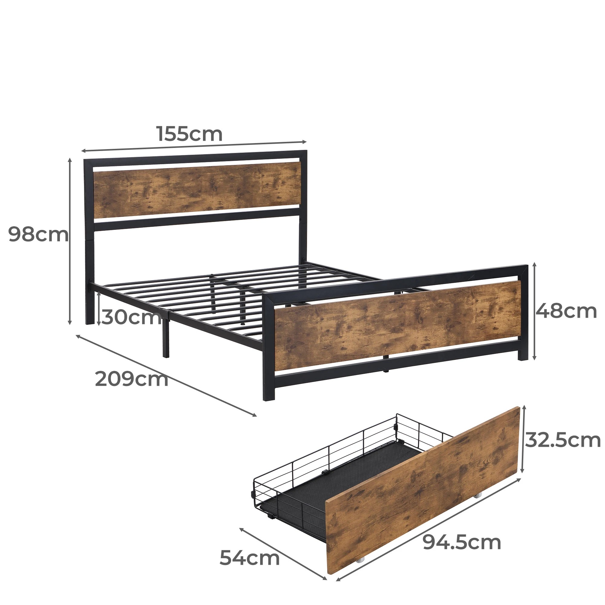 3 Levede Queen Size Industrial  Metal Bed Frame With 4 Drawers, 3 of 5