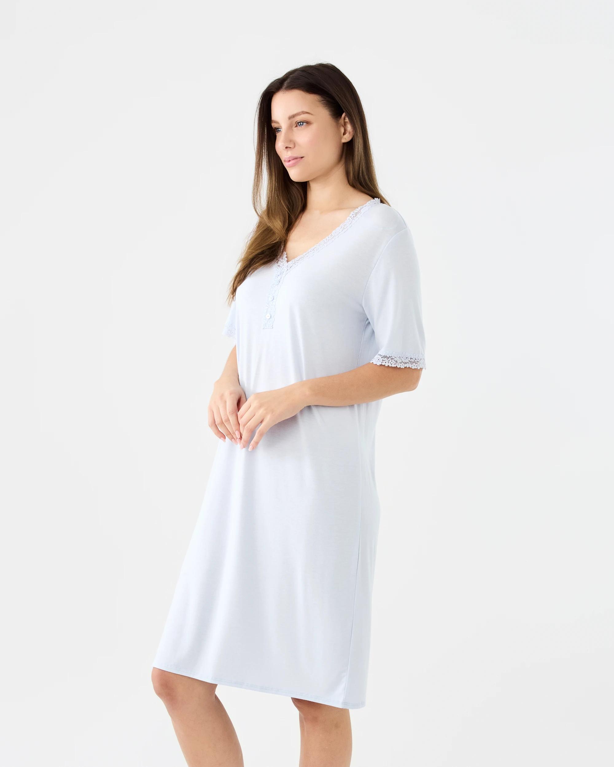 2 Short Sleeve Henley Lace Trim Comfort Nightie Halo Blue, 2 of 7