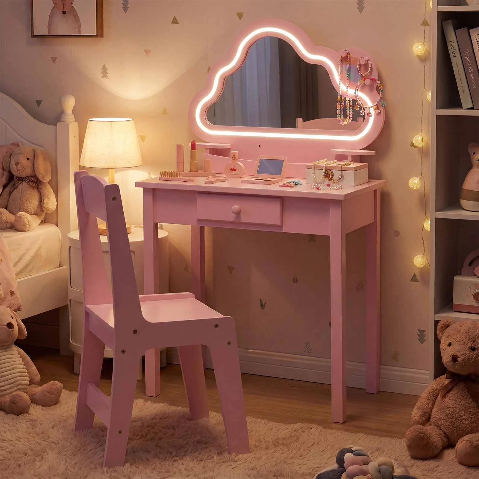 3 Costway Vanity Set Lighted Cloud Mirror 2-in-1 Princess Makeup Dressing Table Chair - Pink, 3 of 3