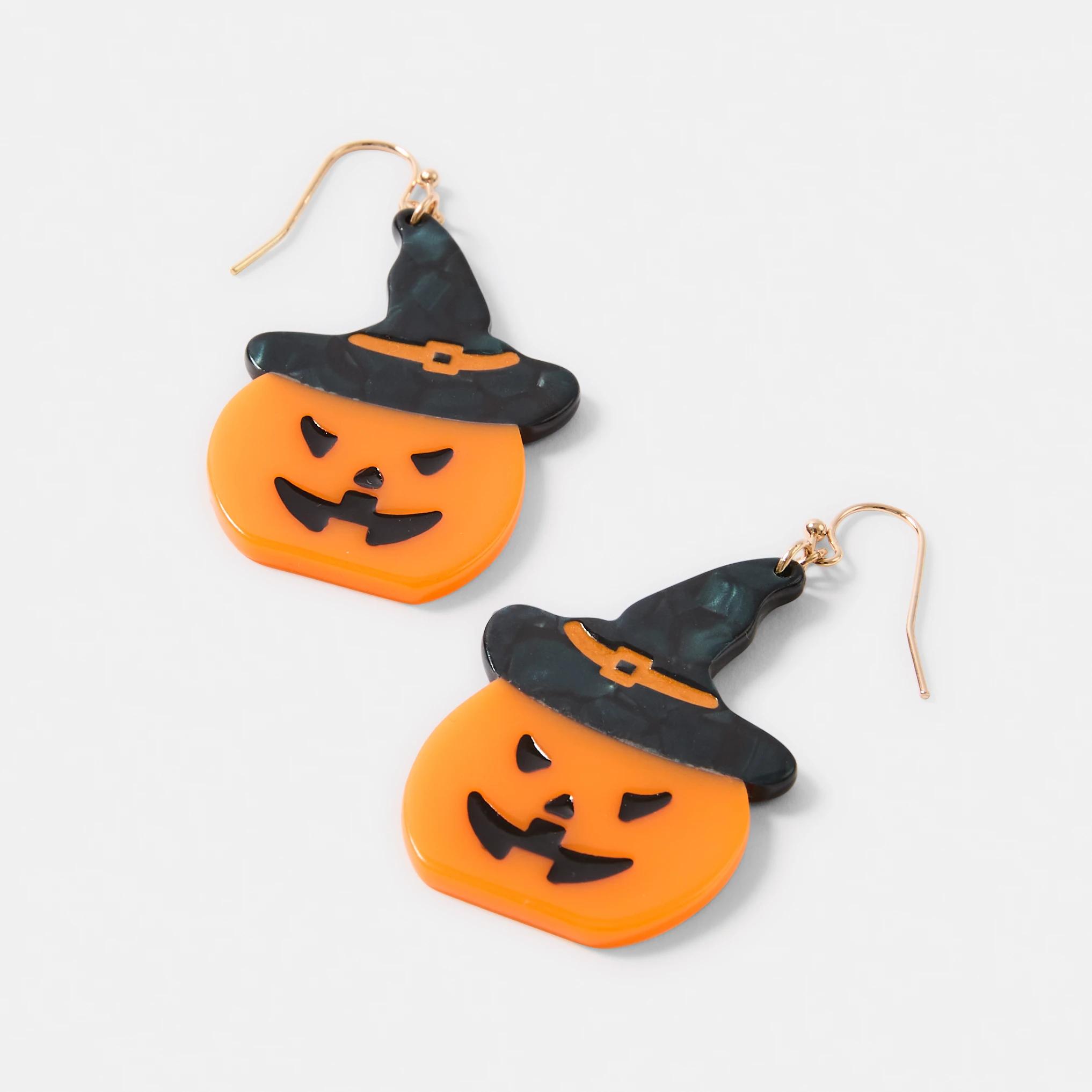 2 Halloween Pumpkin Drop Earrings - Orange, Black and Gold Tone Orange, 2 of 4