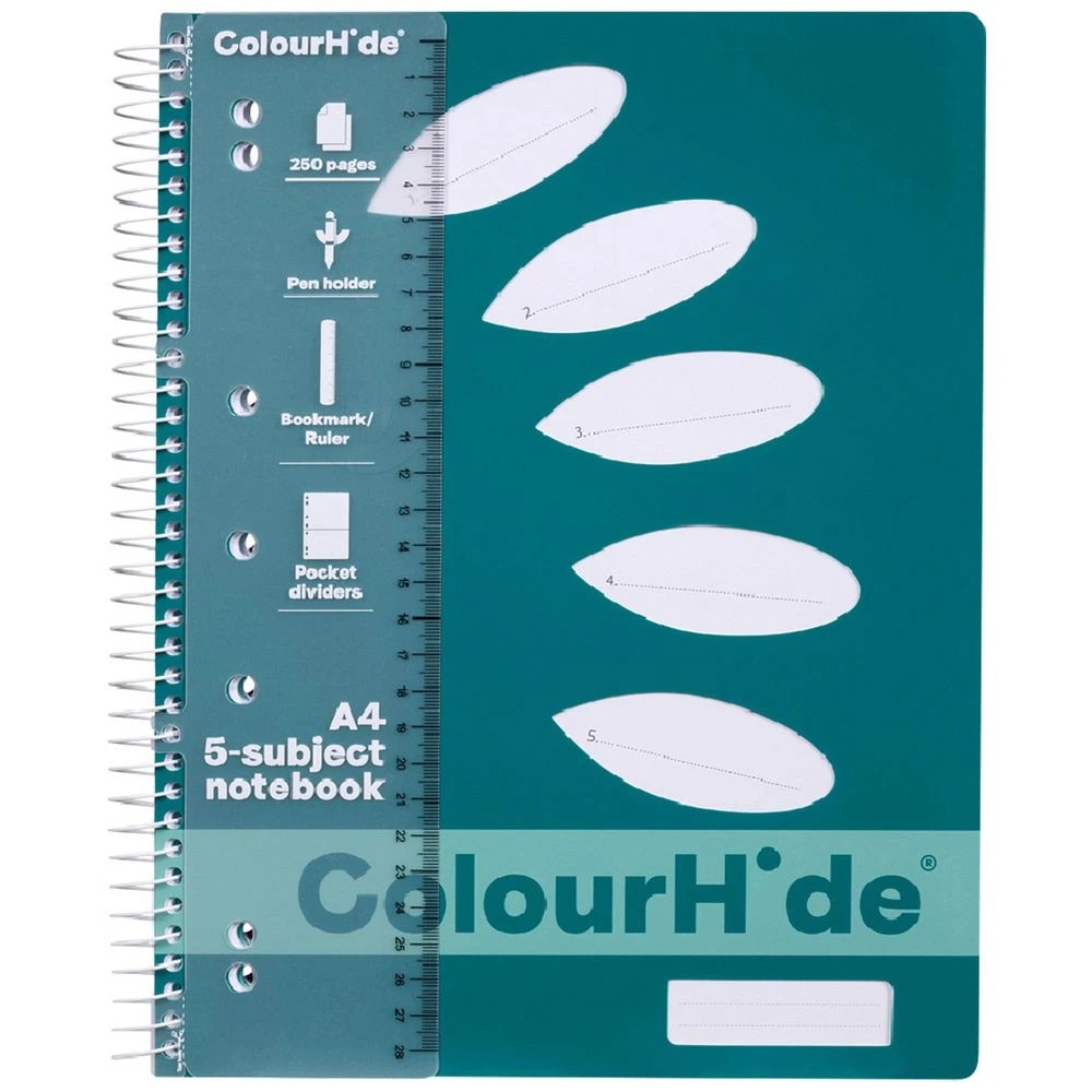 1 Colourhide A4 5 Subject Book 250 Page Teal, 1 of 2