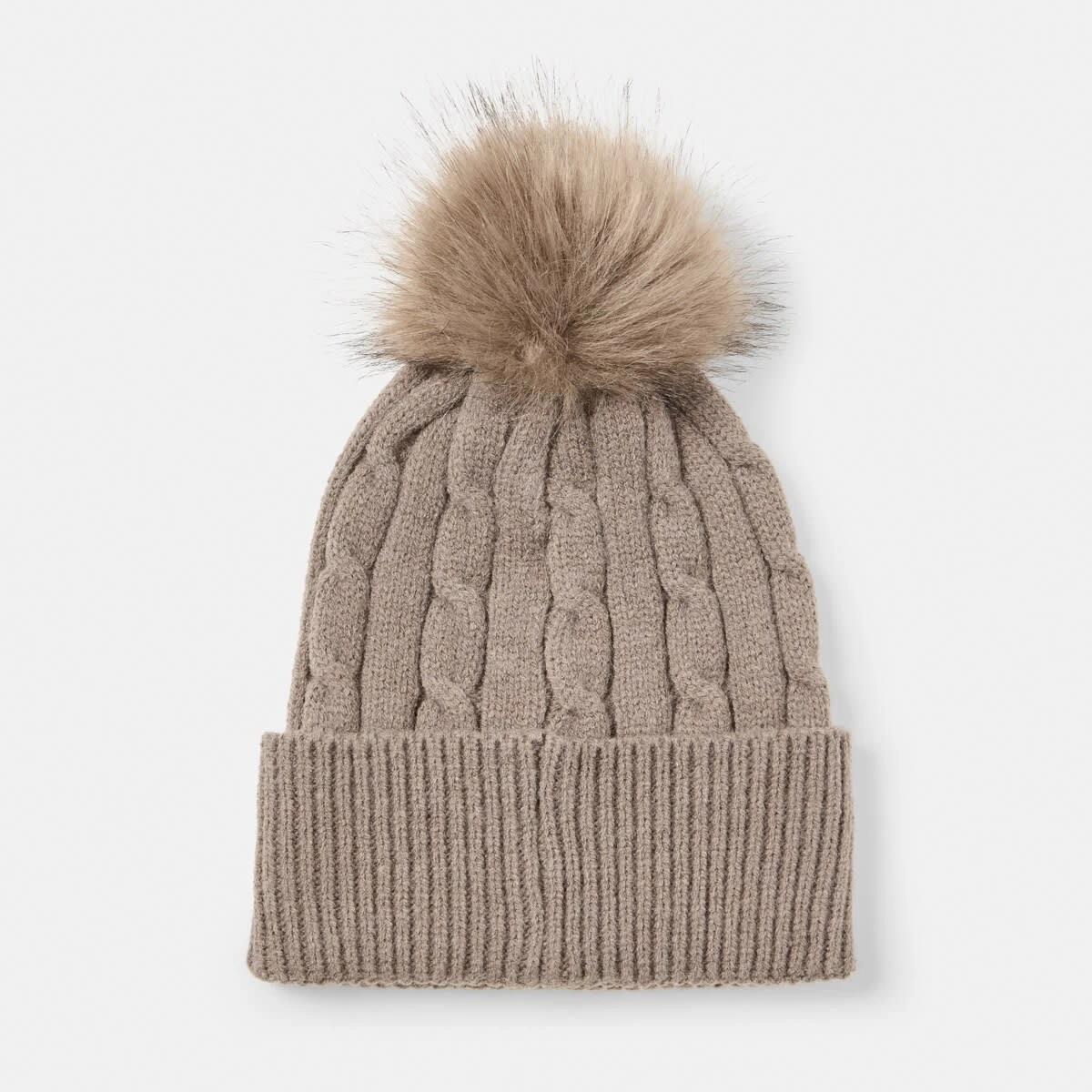2 Cable Pom Pom Beanie Taupe Brn, 2 of 4