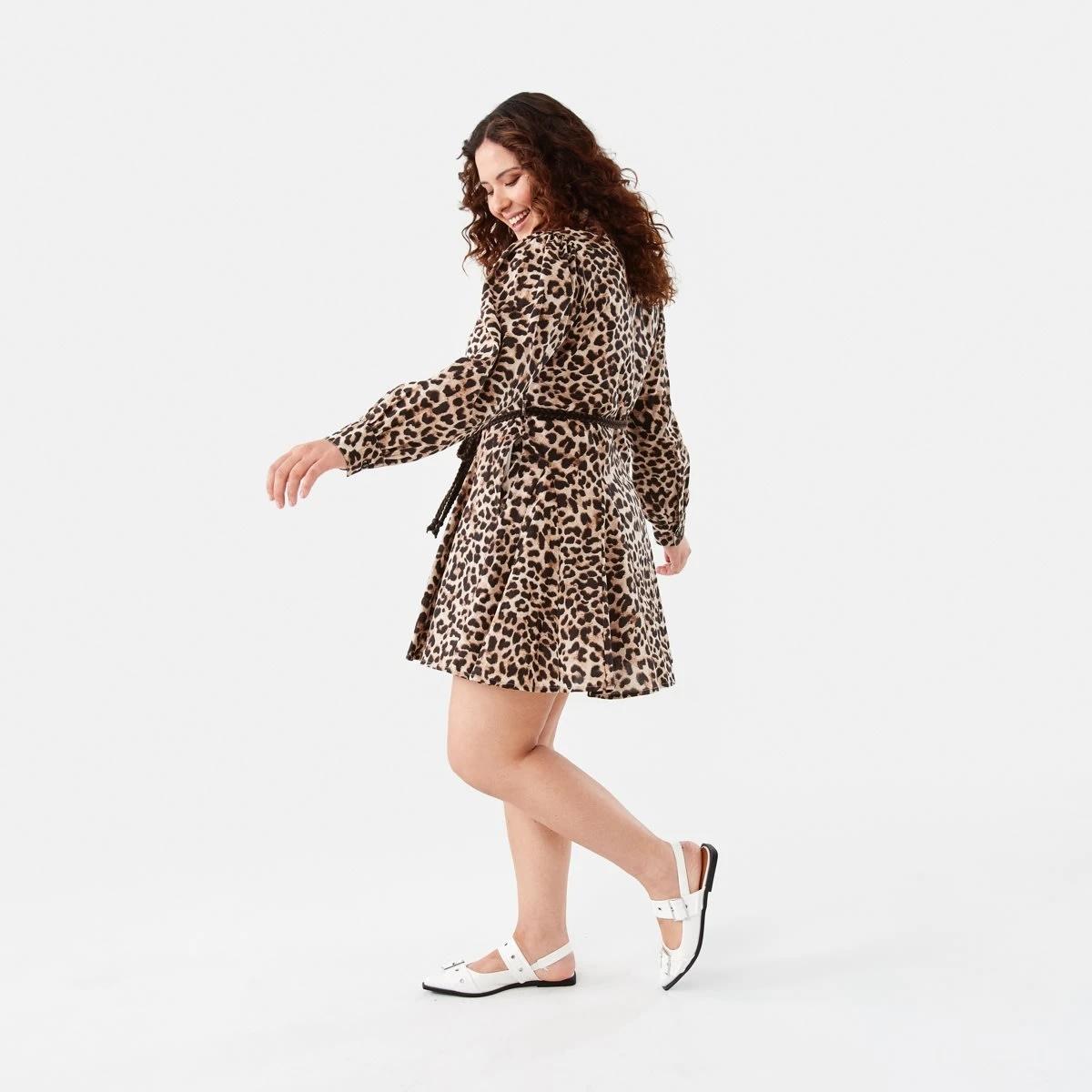 3 Long Sleeve Printed Skater Mini Dress Brwn Leo, 3 of 9