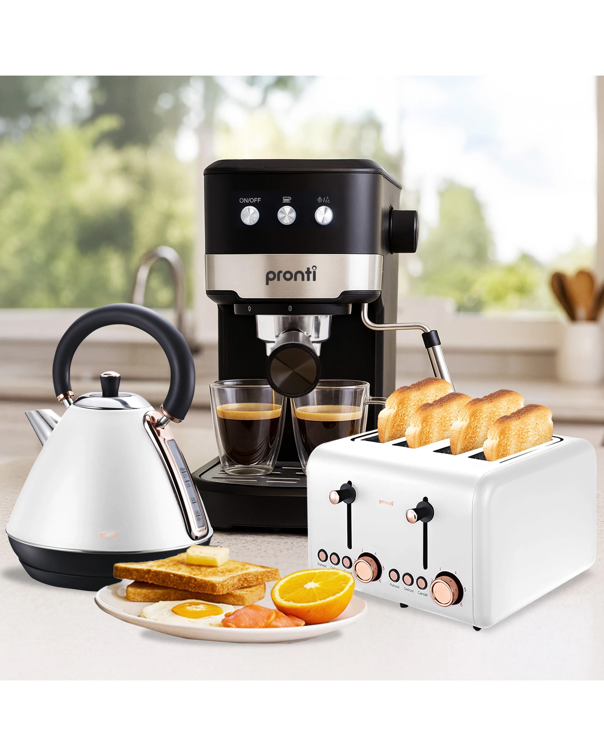 5 Pronti Breakfast Set with Rose Gold Kettle and Toaster with 1.25L Espresso Machine - White, 5 of 5