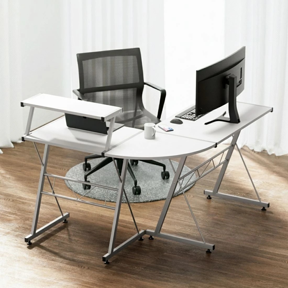 4 Artiss Computer Desk L-Shape Keyboard Tray Shelf - White, 4 of 8