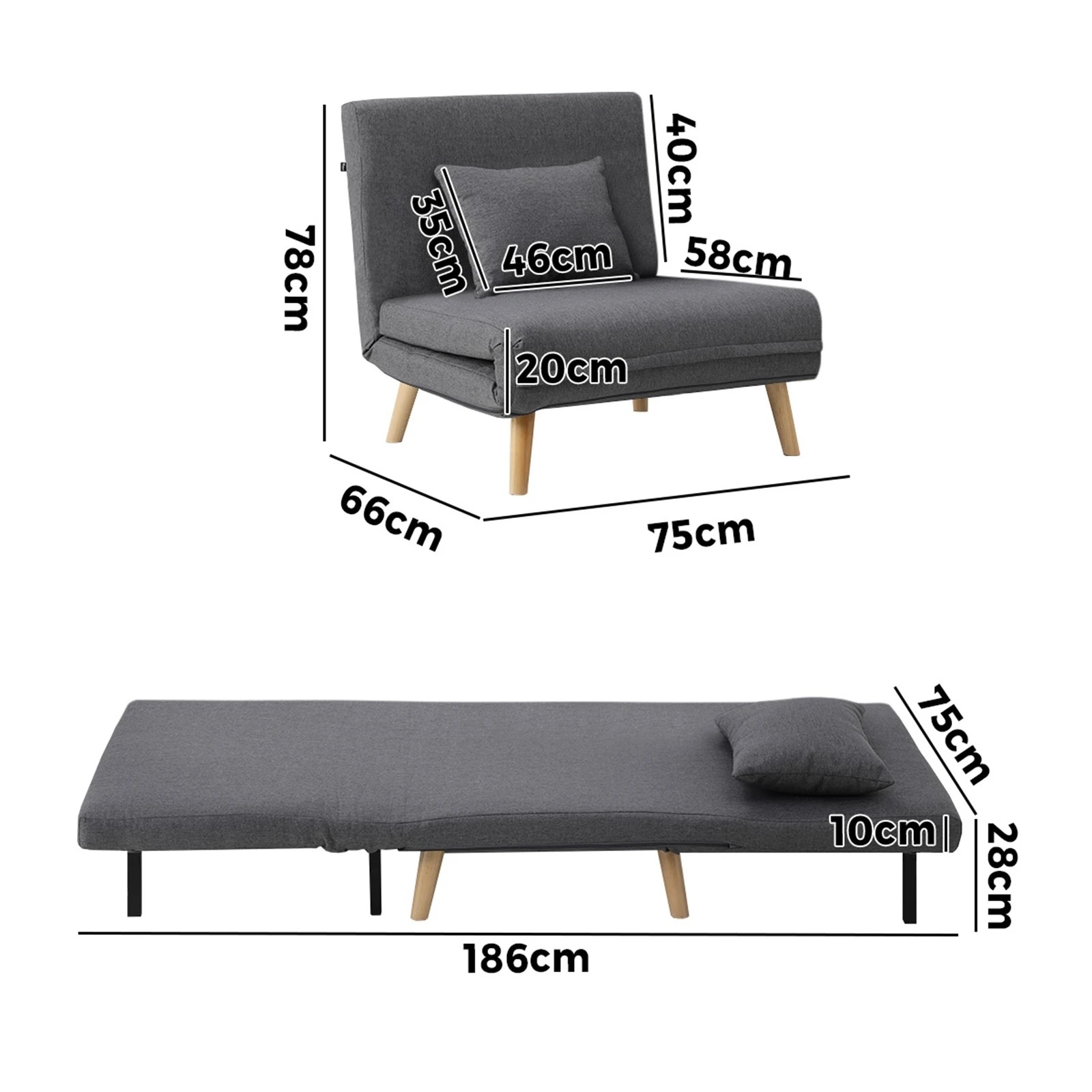 9 Oikiture Sofa Bed Lounge Chair Linen Fabric Recliner Wood Leg Single Seat
 - Grey, 9 of 9