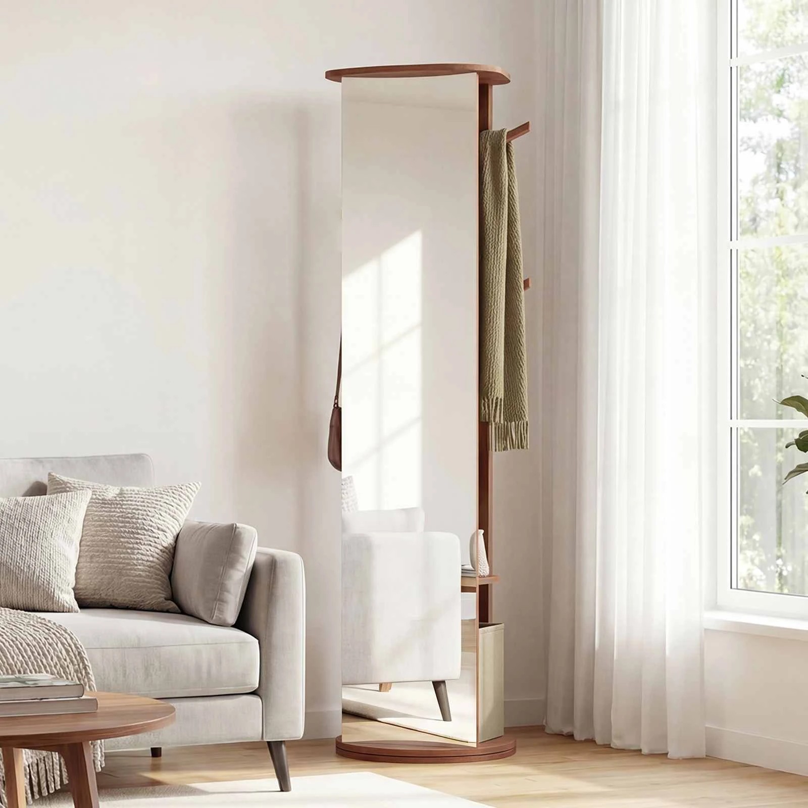 2 Costway 3-in-1 Full Length Mirror Swivel Coat Rack Stand Shoe Storage Shelf w/Hooks - Brown, 2 of 5