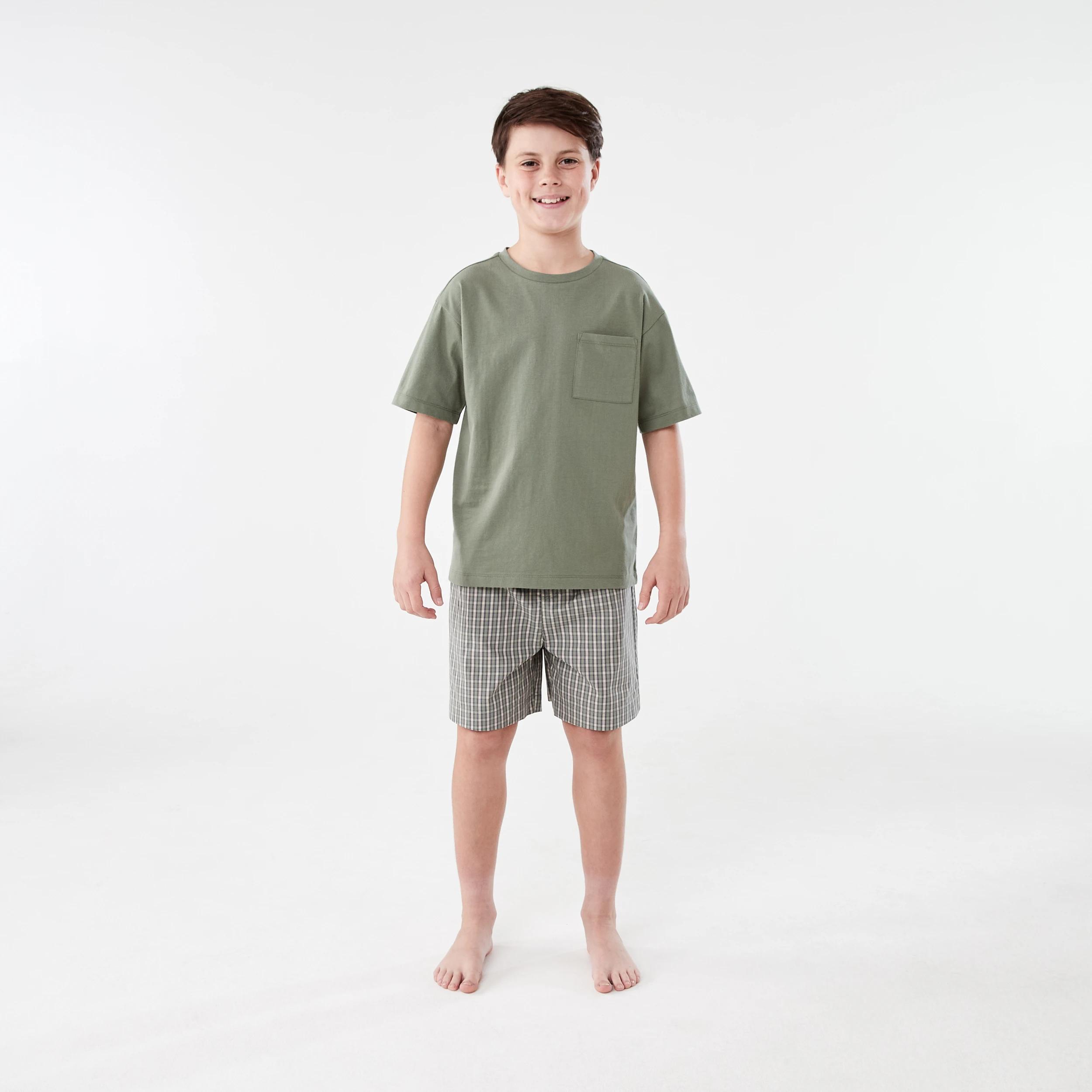 1 Short Sleeve Knit Woven Pyjama Set GREEN CHECK, 1 of 7