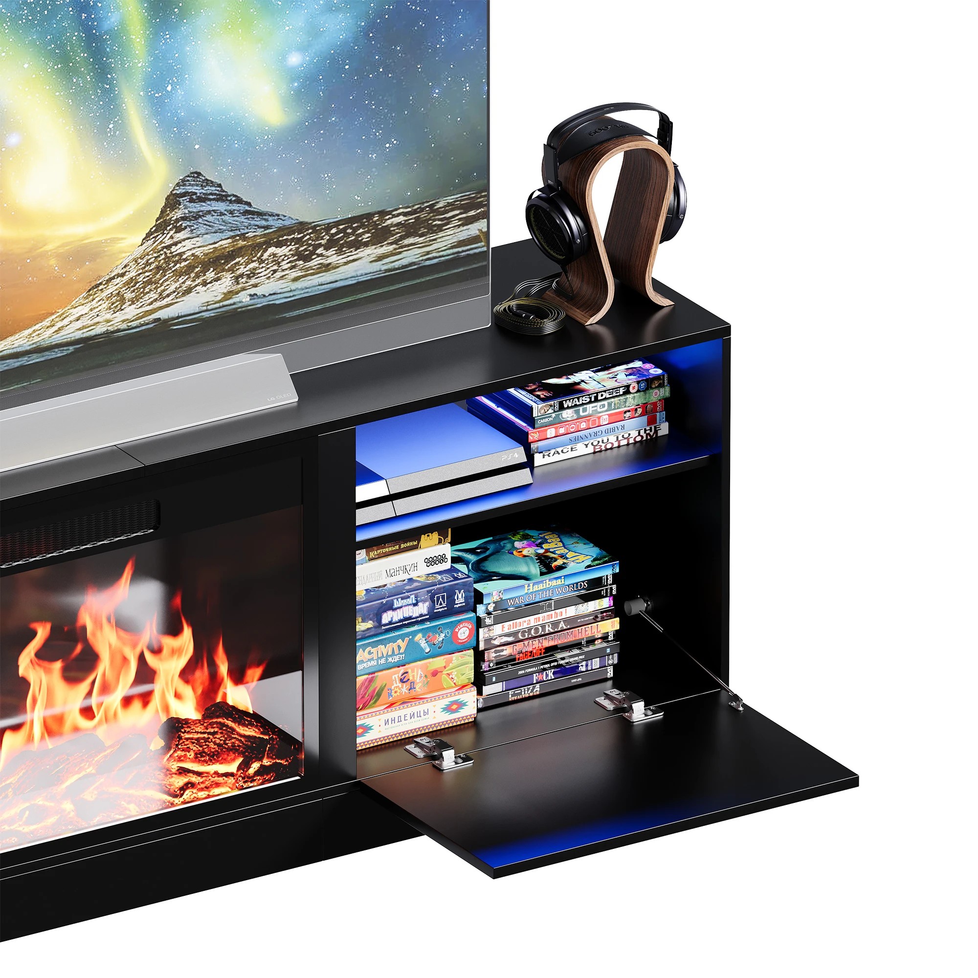 4 Advwin 160cm LED TV Cabinet w/ Fireplace & 3D Flame - Black, 4 of 5