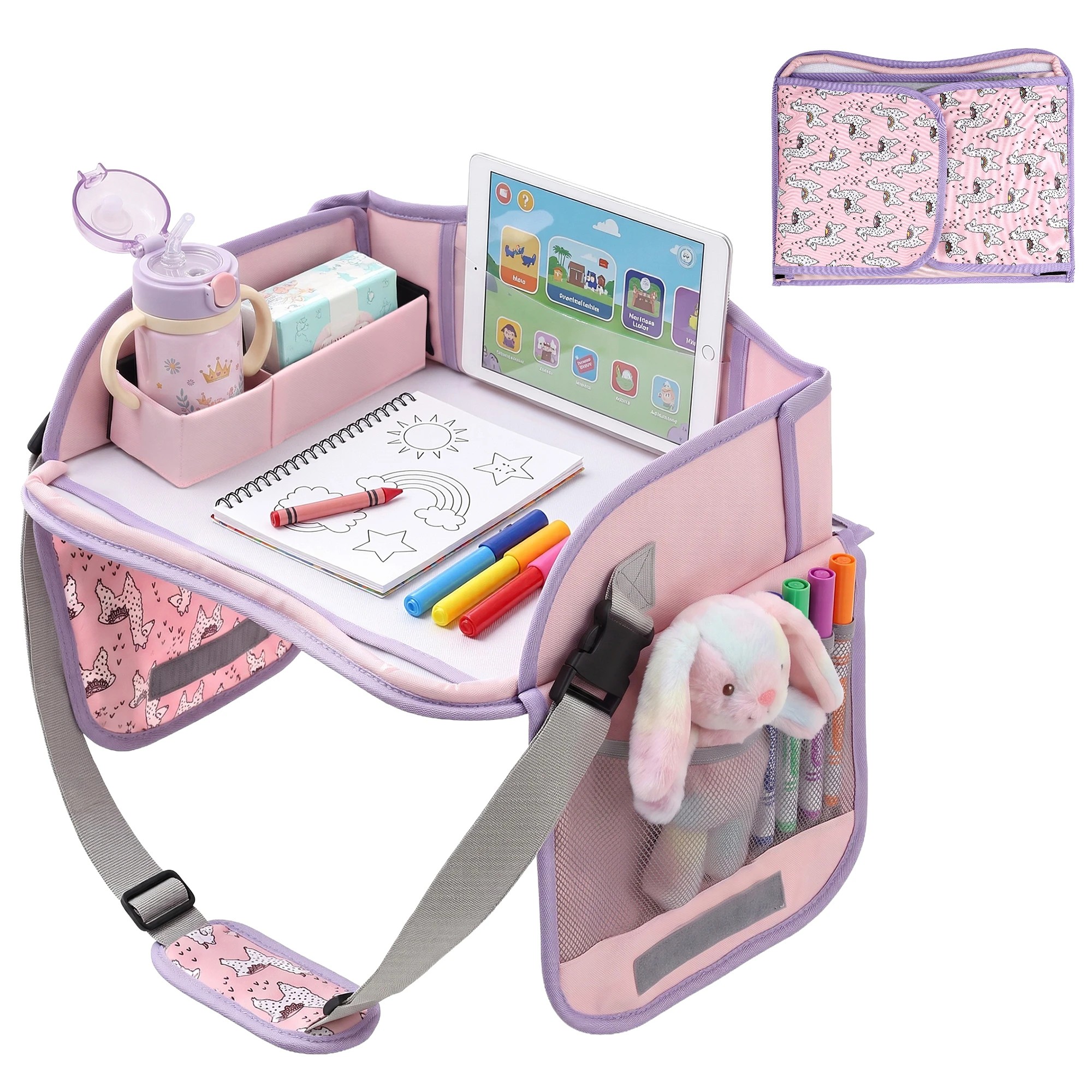 1 Keezi Kids Travel Tray Car Seat Lap Desk Portable Car Desk Organiser for Car & Airplane - Pink, 1 of 10