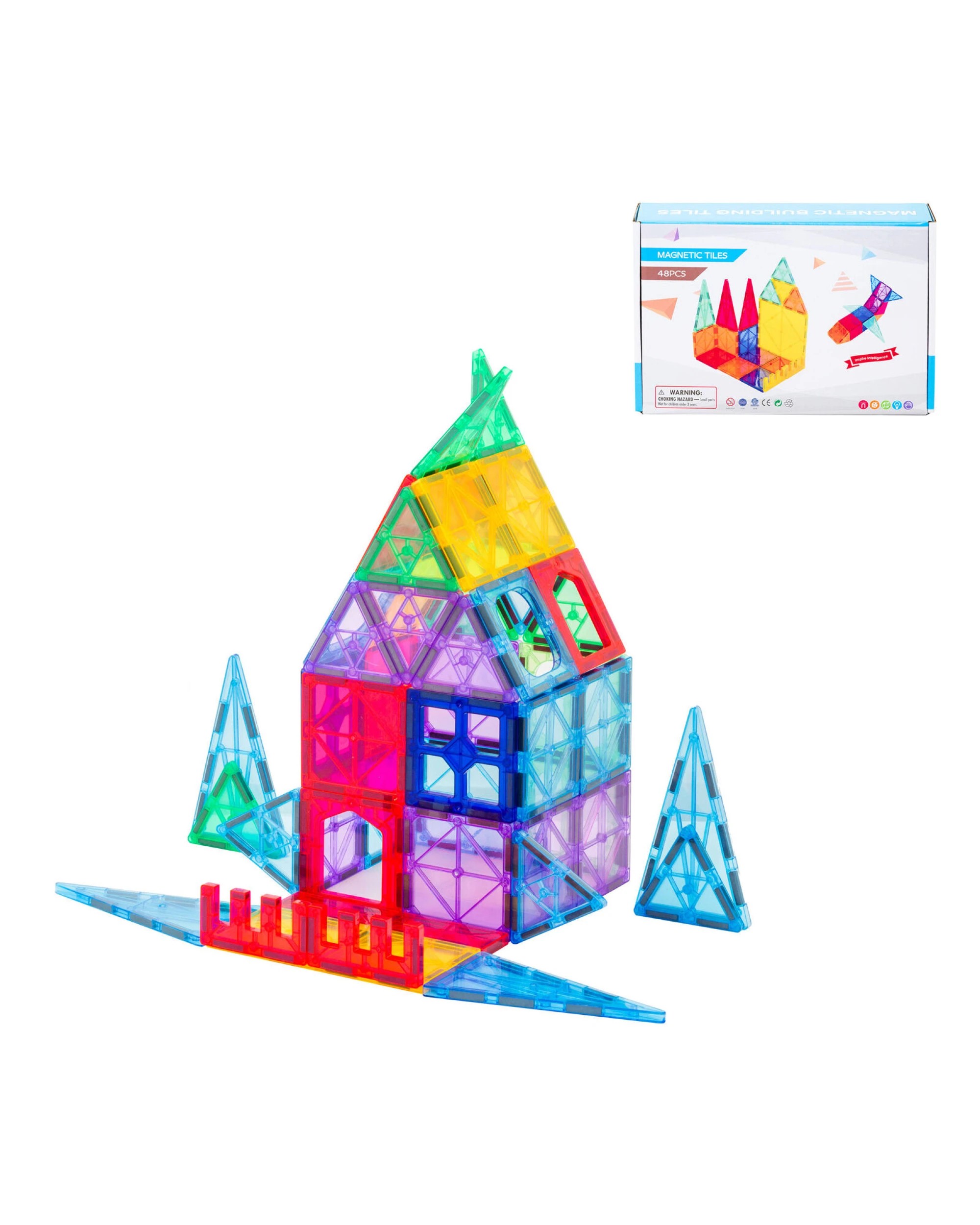 3 Gem Toys 48 Pcs non-toxic STEM Educational, Durable Magnetic Tiles/Puzzle with Storage Bag, 3 of 7