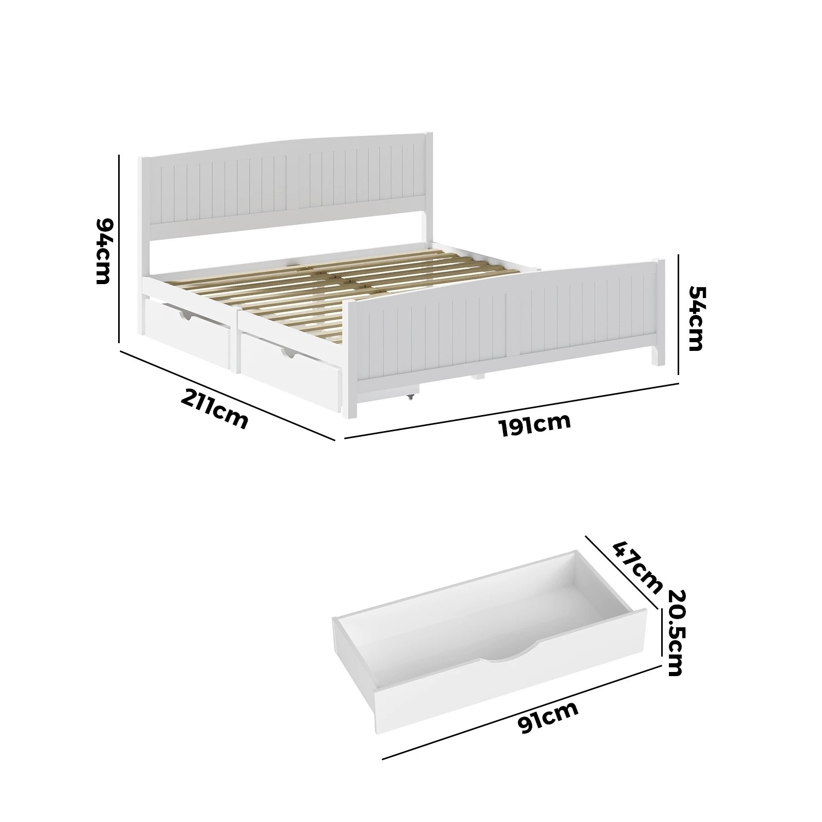 6 Oikiture Wooden Bed Frame King Size Base With Trundle Storage Drawers
 - White, 6 of 8