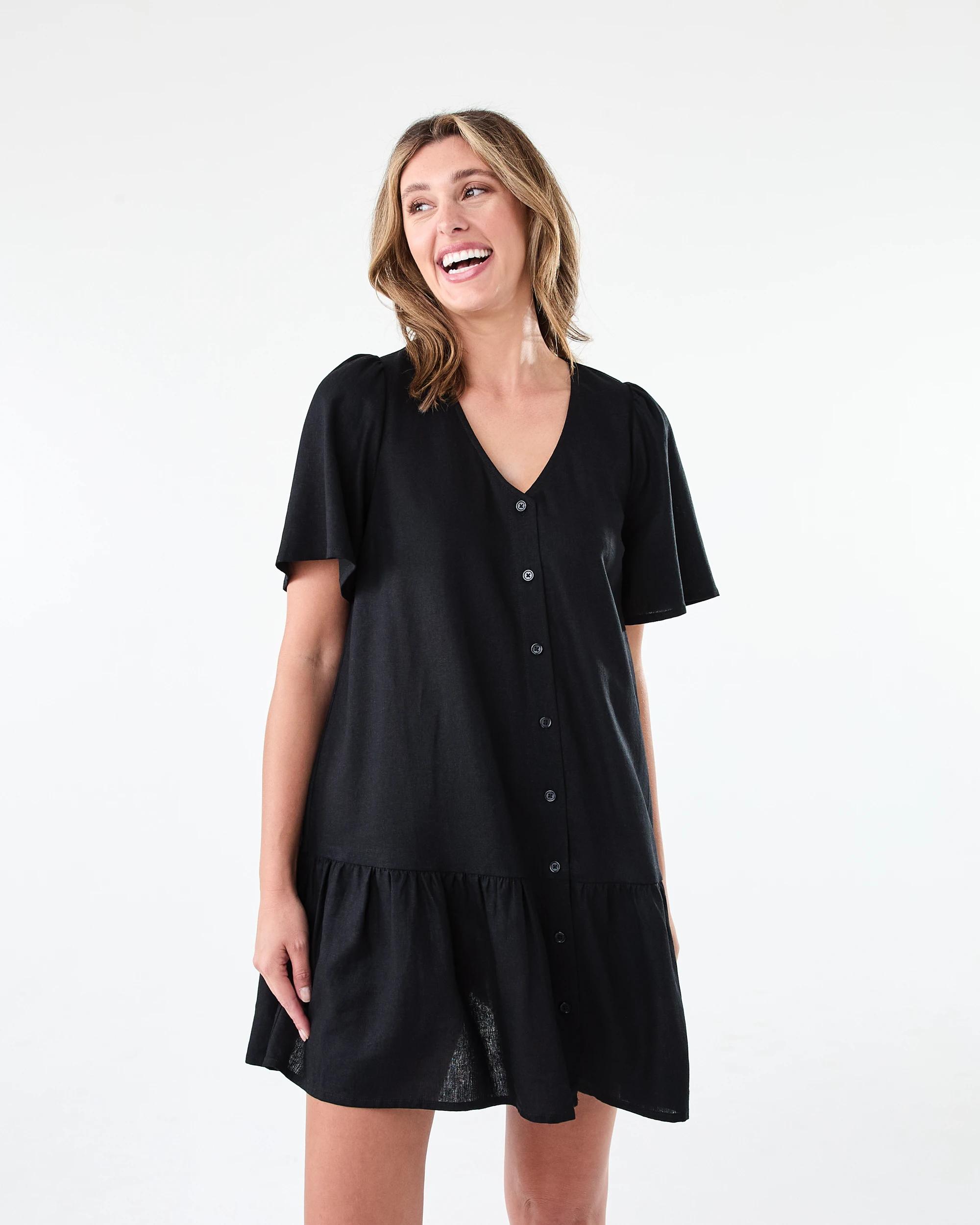 1 Short Sleeve Linen Blend Drop Tier Mini Dress Black, 1 of 8