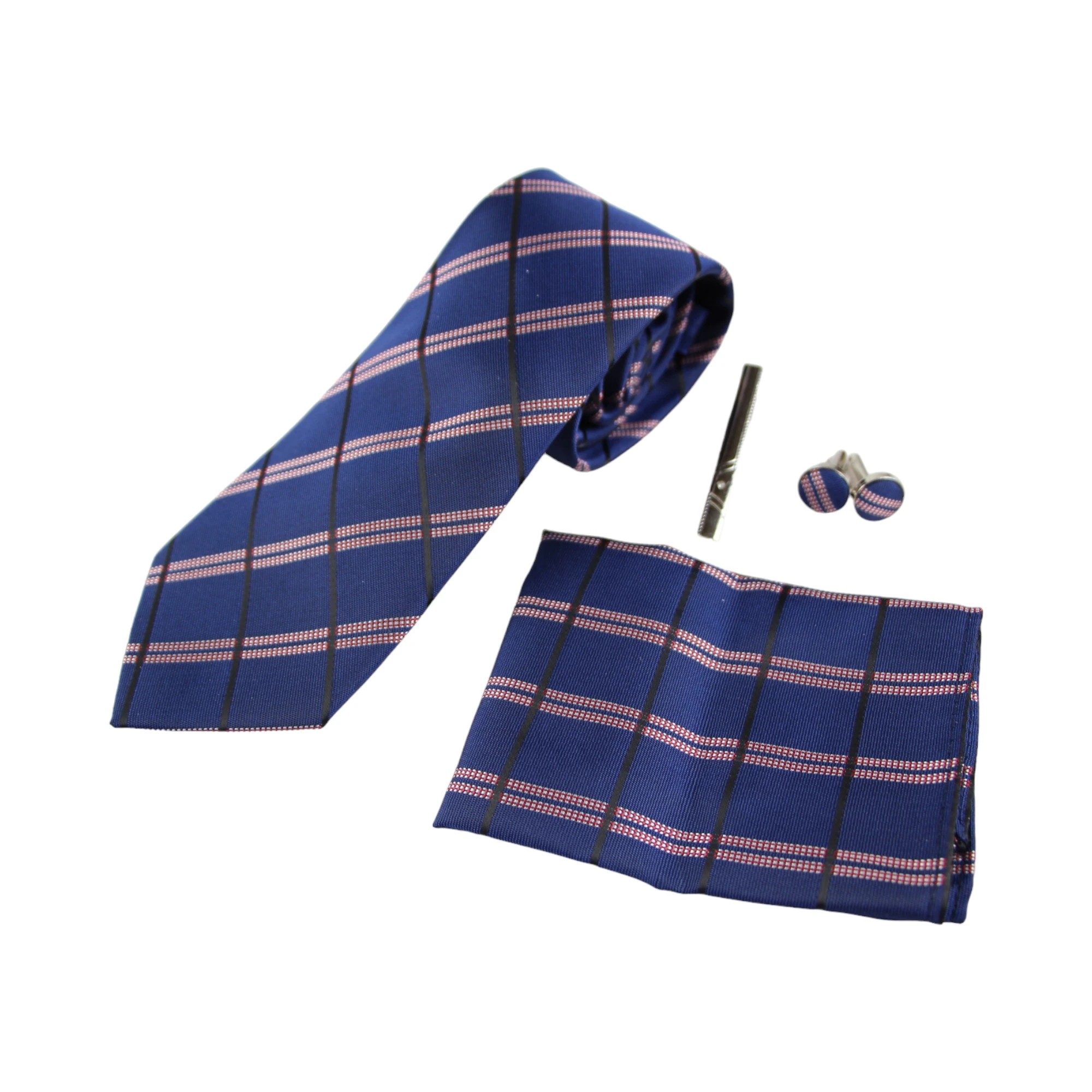 2 Zasel Mens Navy, Black & Red Checkered Matching Neck Tie, Pocket Square, Cuff Links And Tie Clip Set - Multi - Multi, 2 of 4