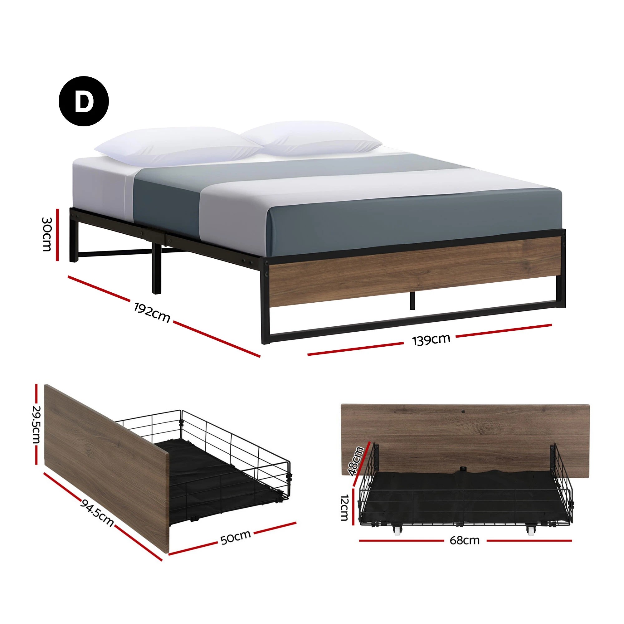 2 Artiss Bed Frame Metal Frame Double Size Bed Base 2 Drawers - Multi, 2 of 4