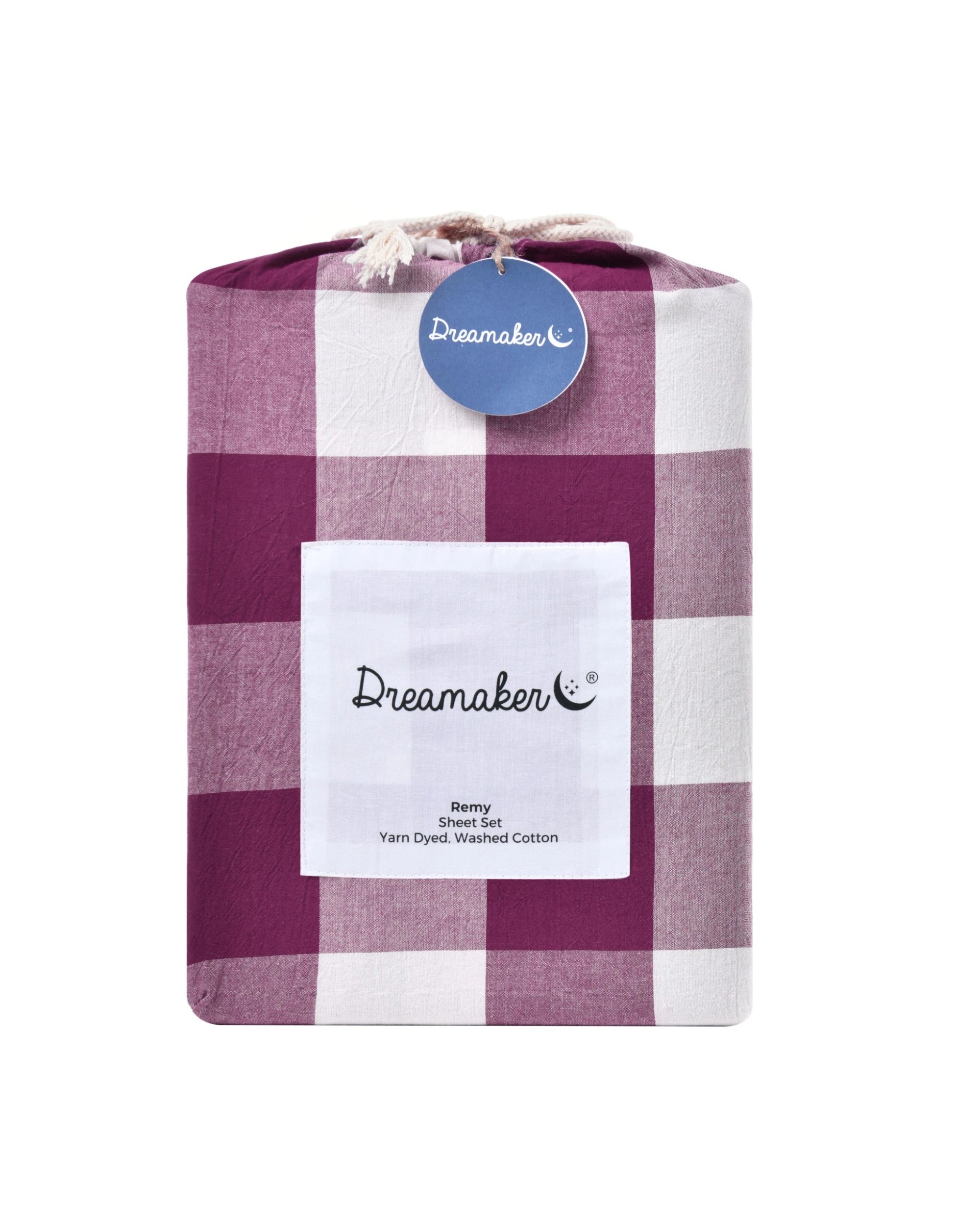 6 Dreamaker Remy Yarn Dyed Washed Cotton Checkered Sheet Set - Queen Bed - Berry, 6 of 7