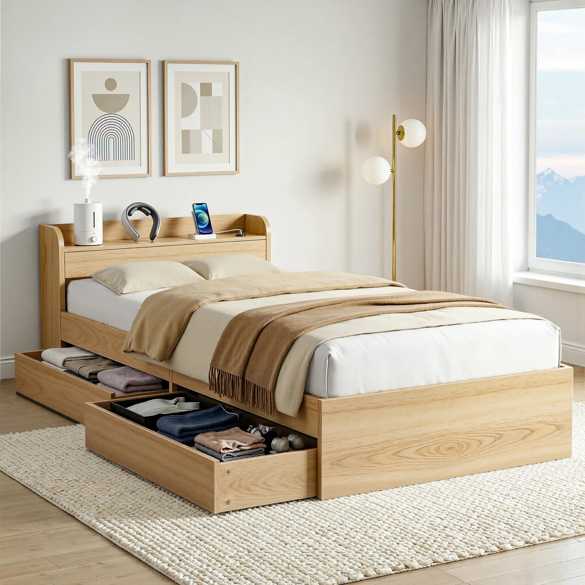 10 Artiss Single Bed Frame with 2 Storage Drawers Platform Bed Base with USB Ports Sturdy Wooden Slat - Black, 10 of 10