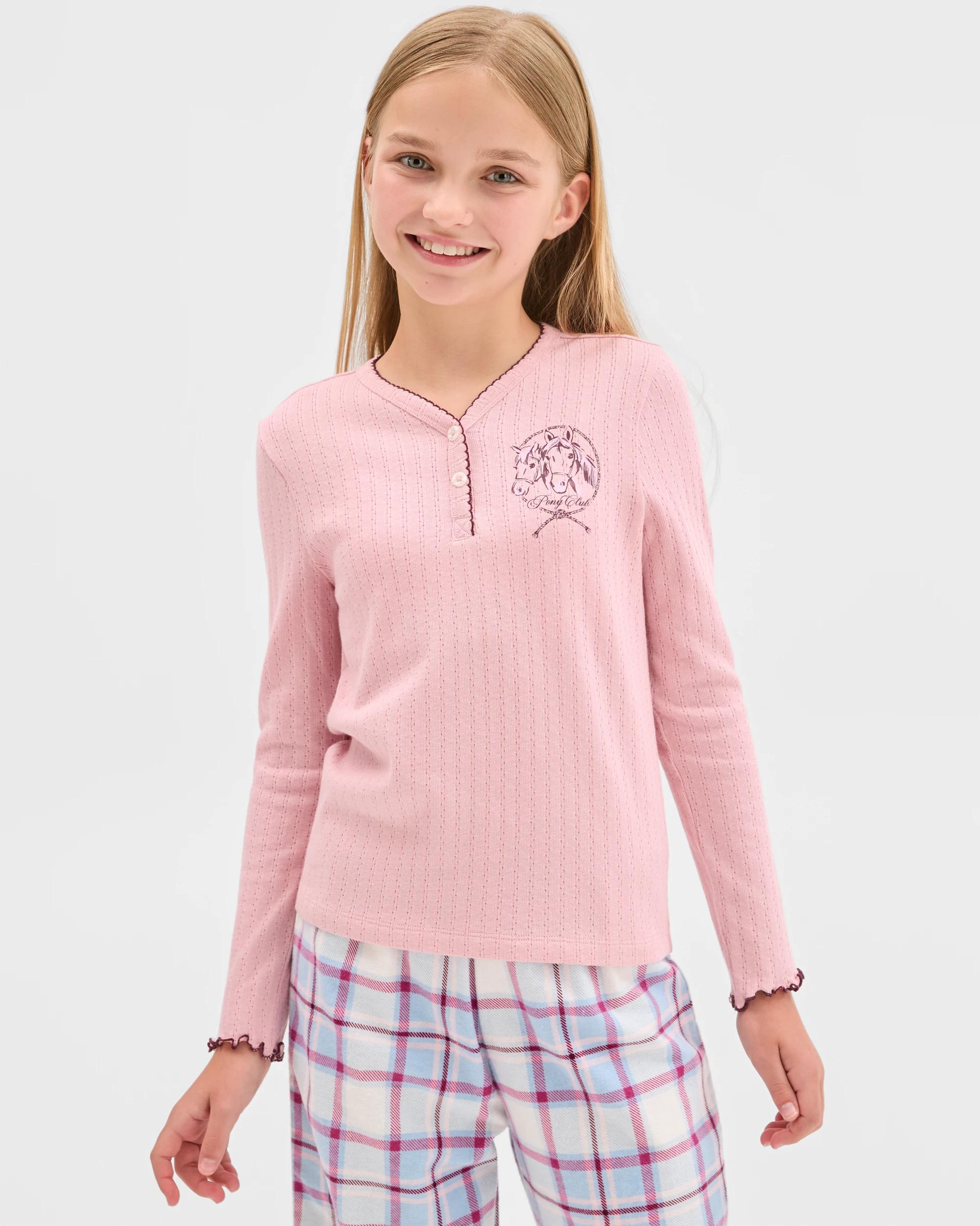 3 Target Kids Australian Cotton Older Girls Henley Top and Flannel Pants Pyjama Set HORSE, 3 of 7