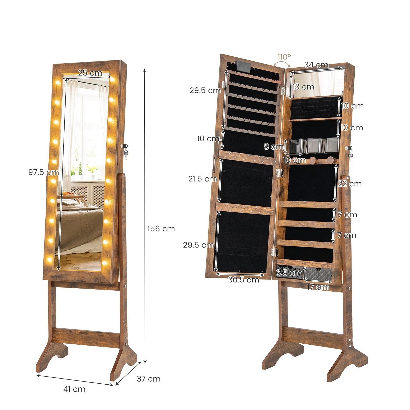 4 Costway LED Mirror Jewelry Cabinet 4 Tilt Angles Standing Jewelry Armoire Organiser - Brown, 4 of 4
