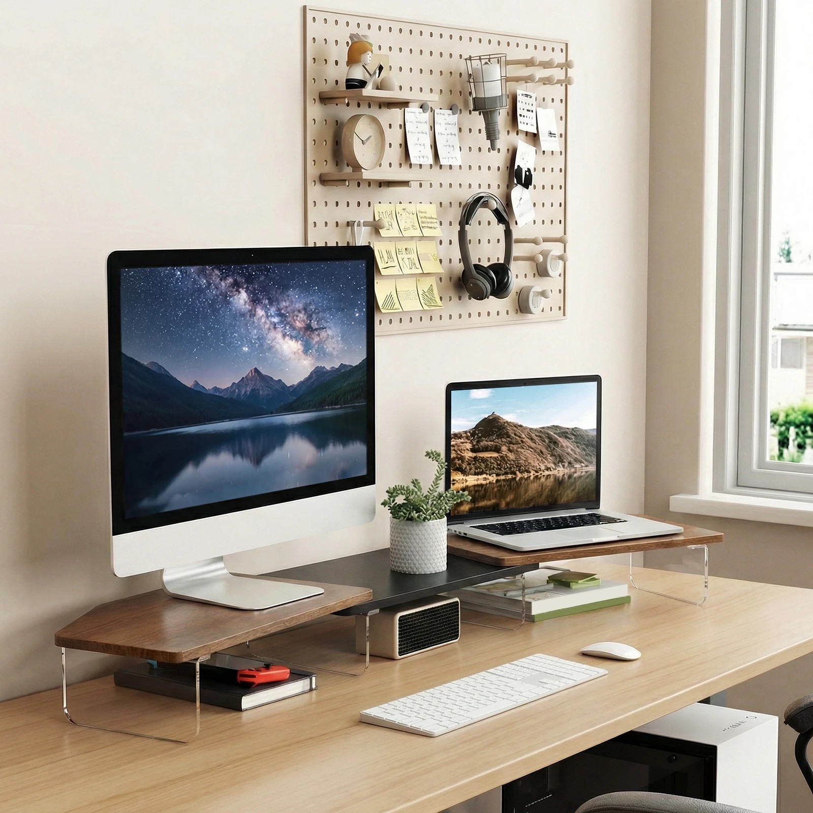 5 Advwin 113cm LED Dual Monitor Stand w/ Acrylic Leg Adjustable Brown, 5 of 7