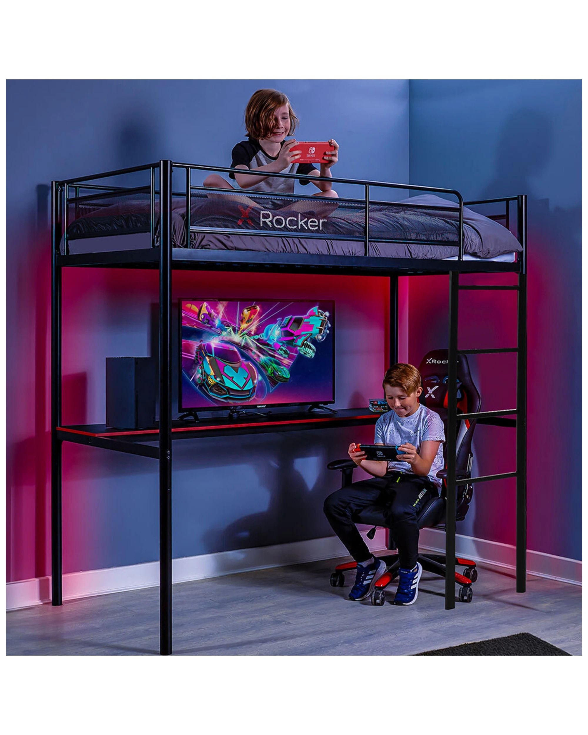 2 X Rocker Hq High Sleeper Tv/console Gaming Single Bunk Bed Frame W/built In Desk
 - Black, 2 of 3