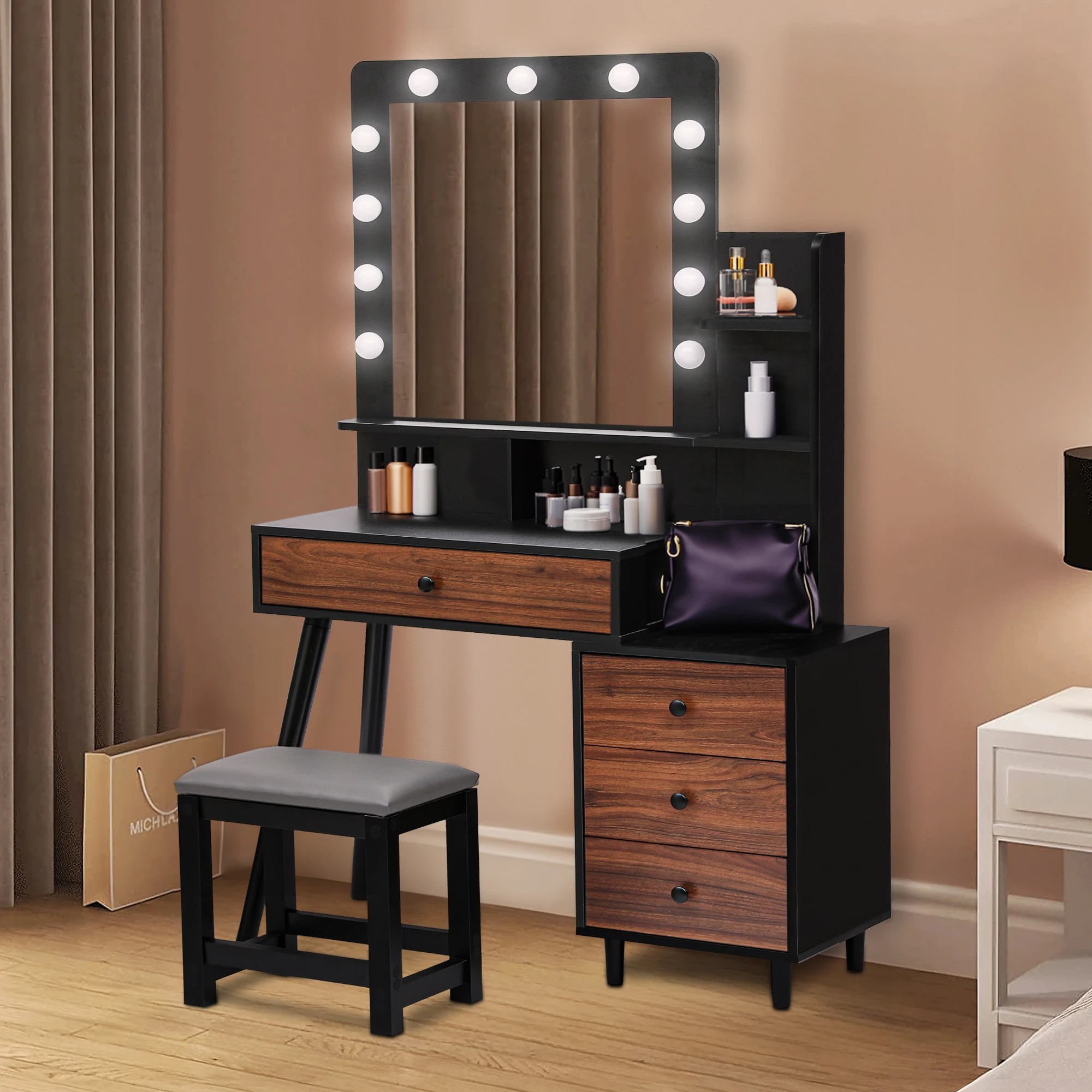 7 Levede Led Mirrordressing Table Set-black, 7 of 9