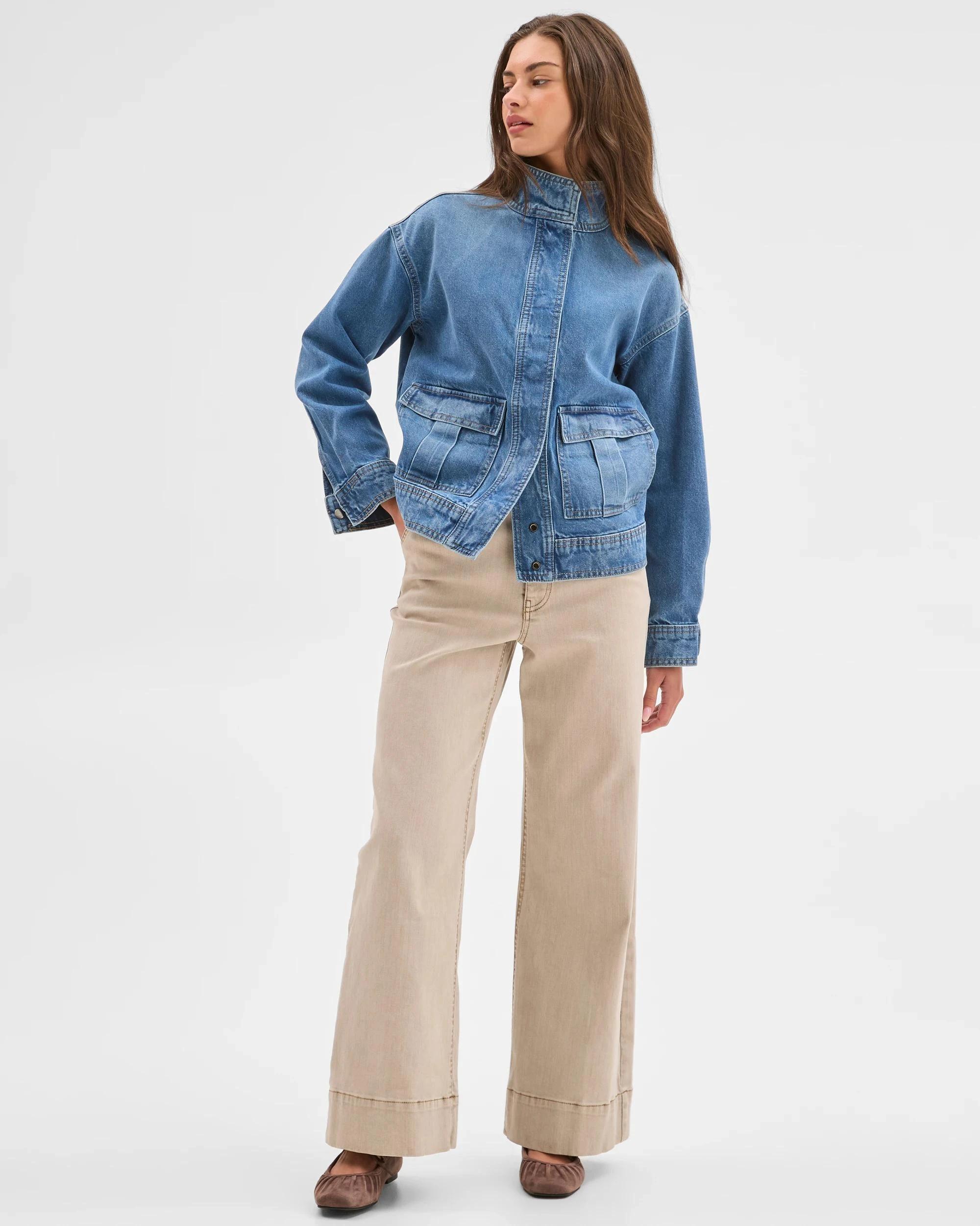 2 Target Petites Petites Funnel Neck Denim Jacket MID BLUE, 2 of 5