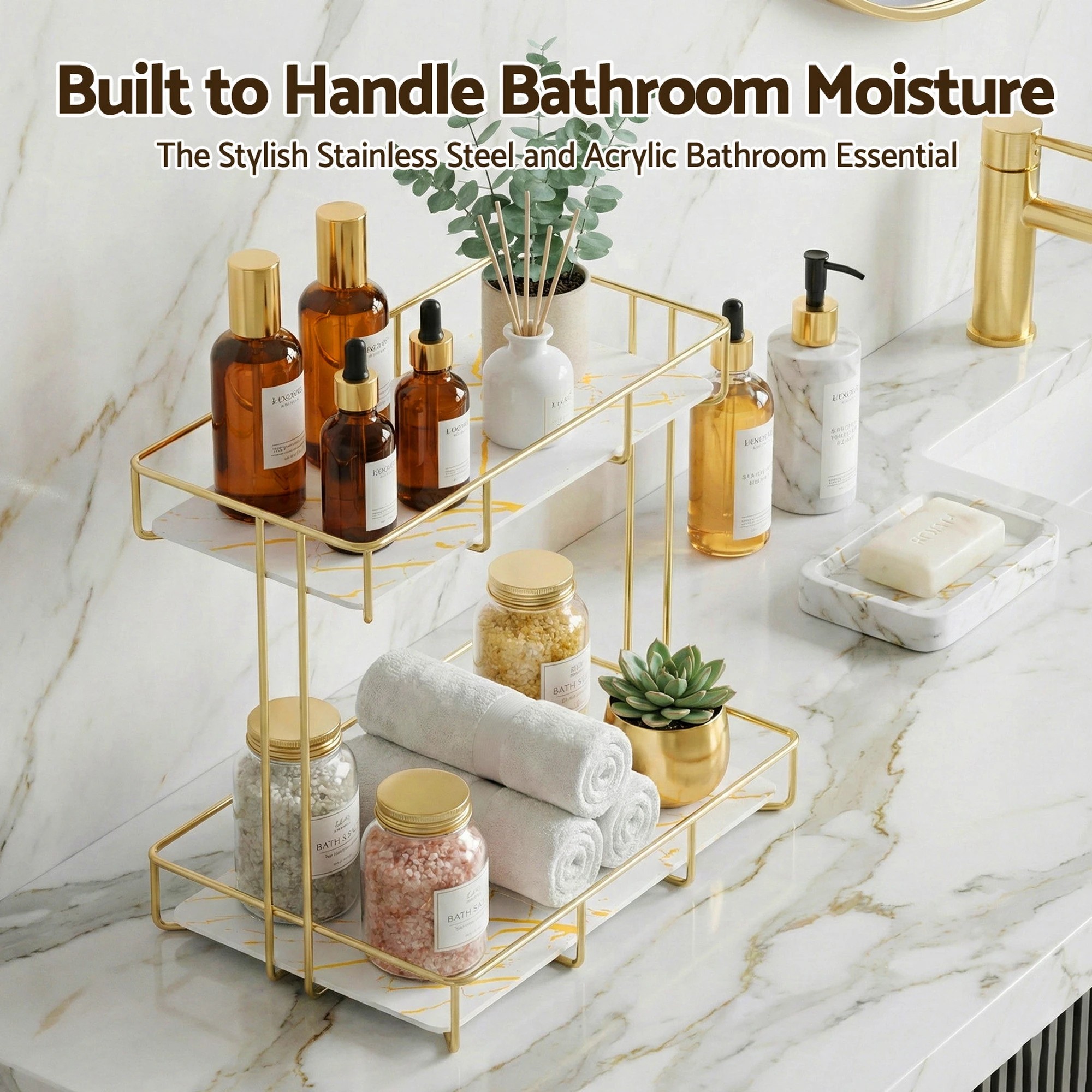 2 Artiss Bathroom Storage Rack 2 Tier Corner Organiser Gold Marble Look - Gold, 2 of 7
